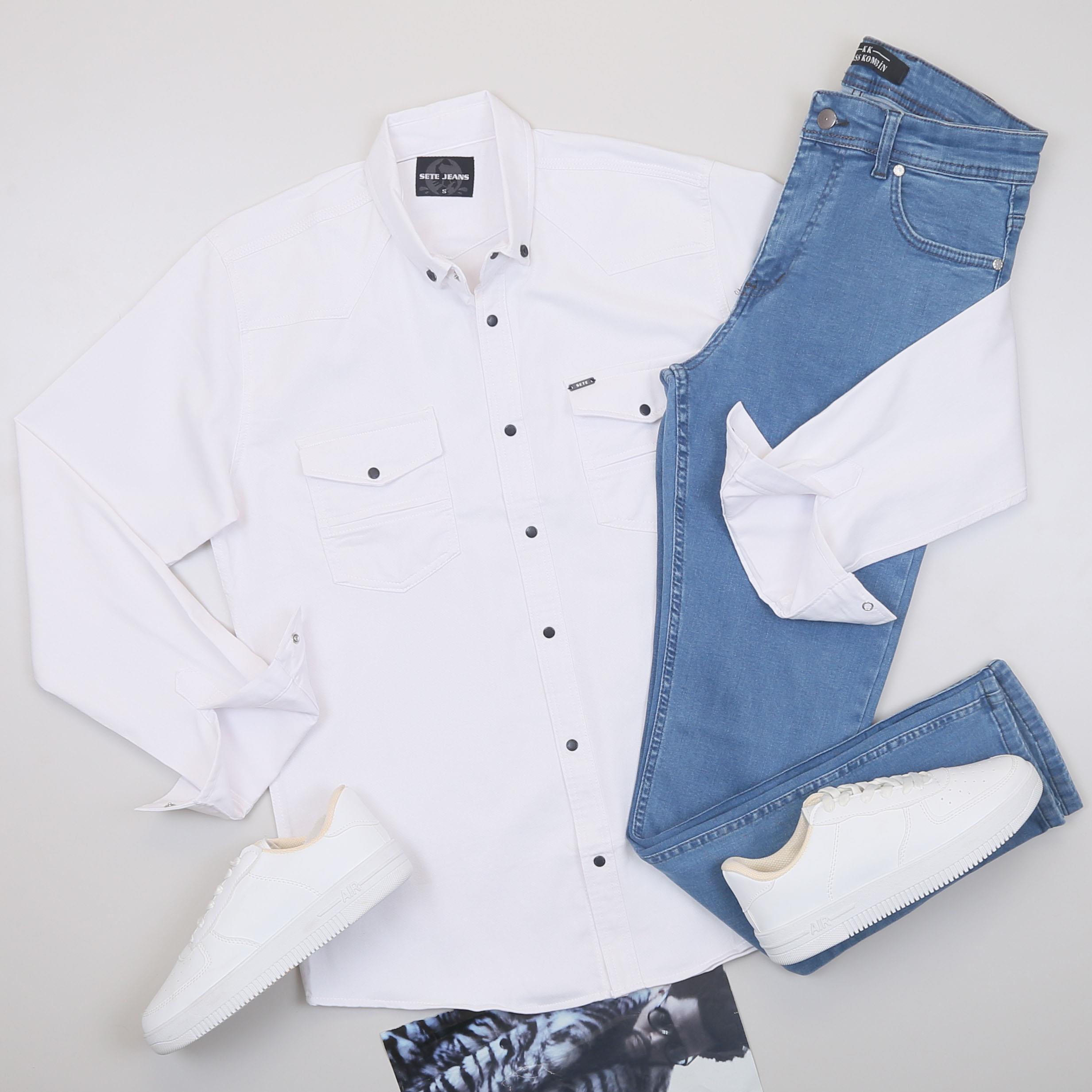Beyaz Pamuklu Kot Gömlek Tişört Pantolon Ayakkabı Kombin