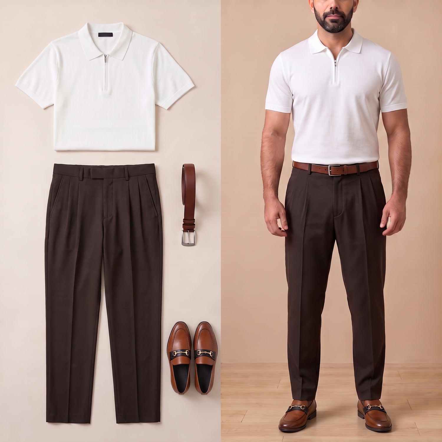 Beyaz Polo Yaka Tişört Baggy Pantolon Kombini Erkek | Rahat Kesim Şık Günlük Set 