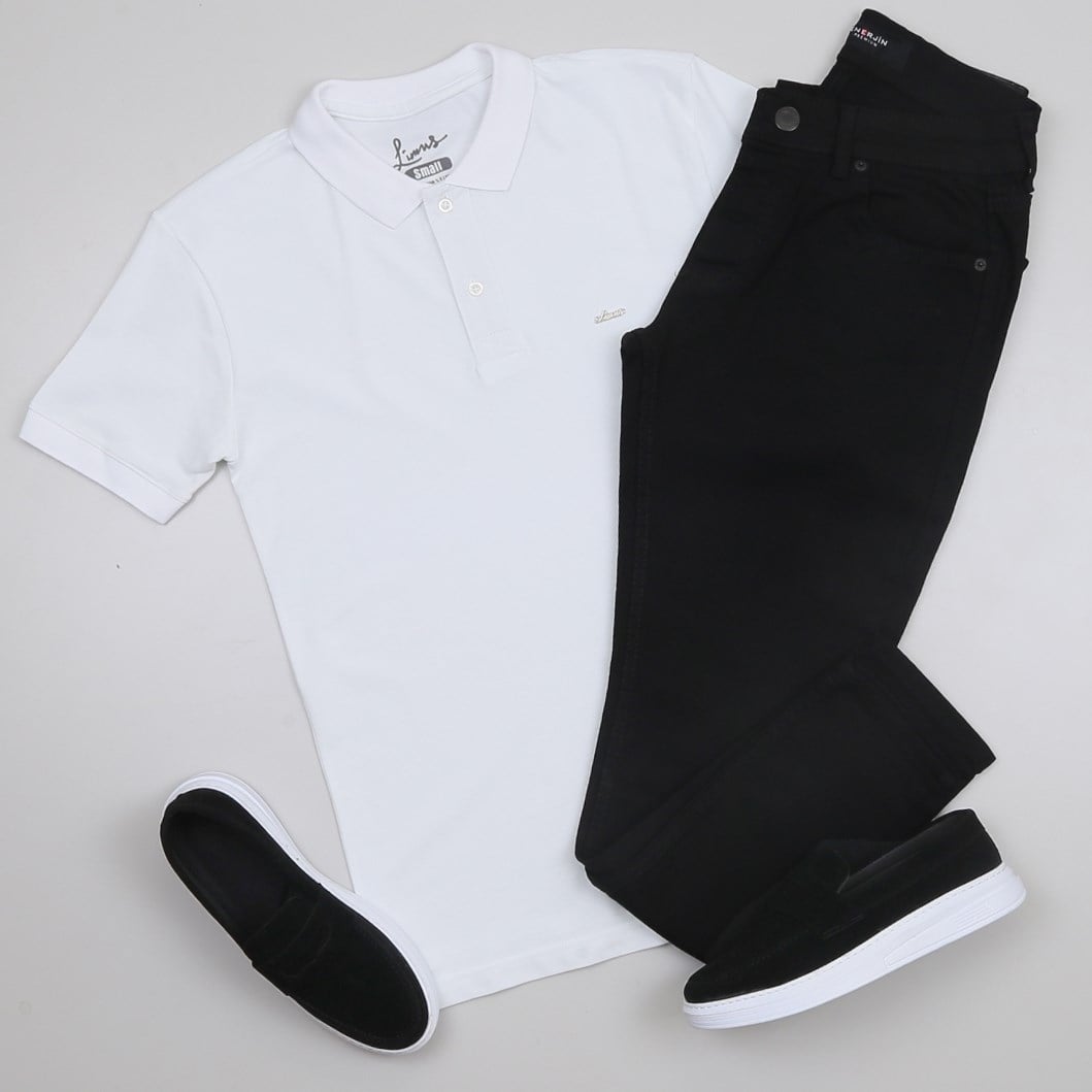 Beyaz Polo Yaka Tişört Kot Pantolon Kombini Erkek | Slim Fit Şık Günlük Set