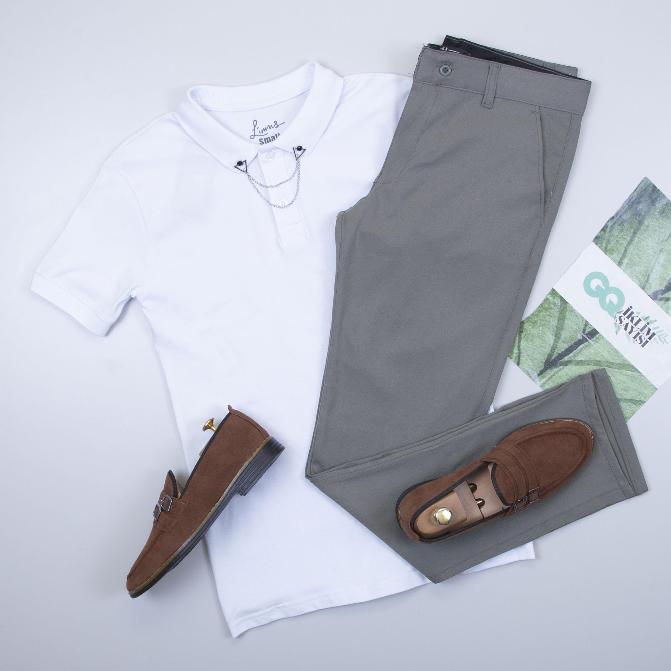 Beyaz Polo Yaka Tişört Pantolon Ayakkabı Kombin