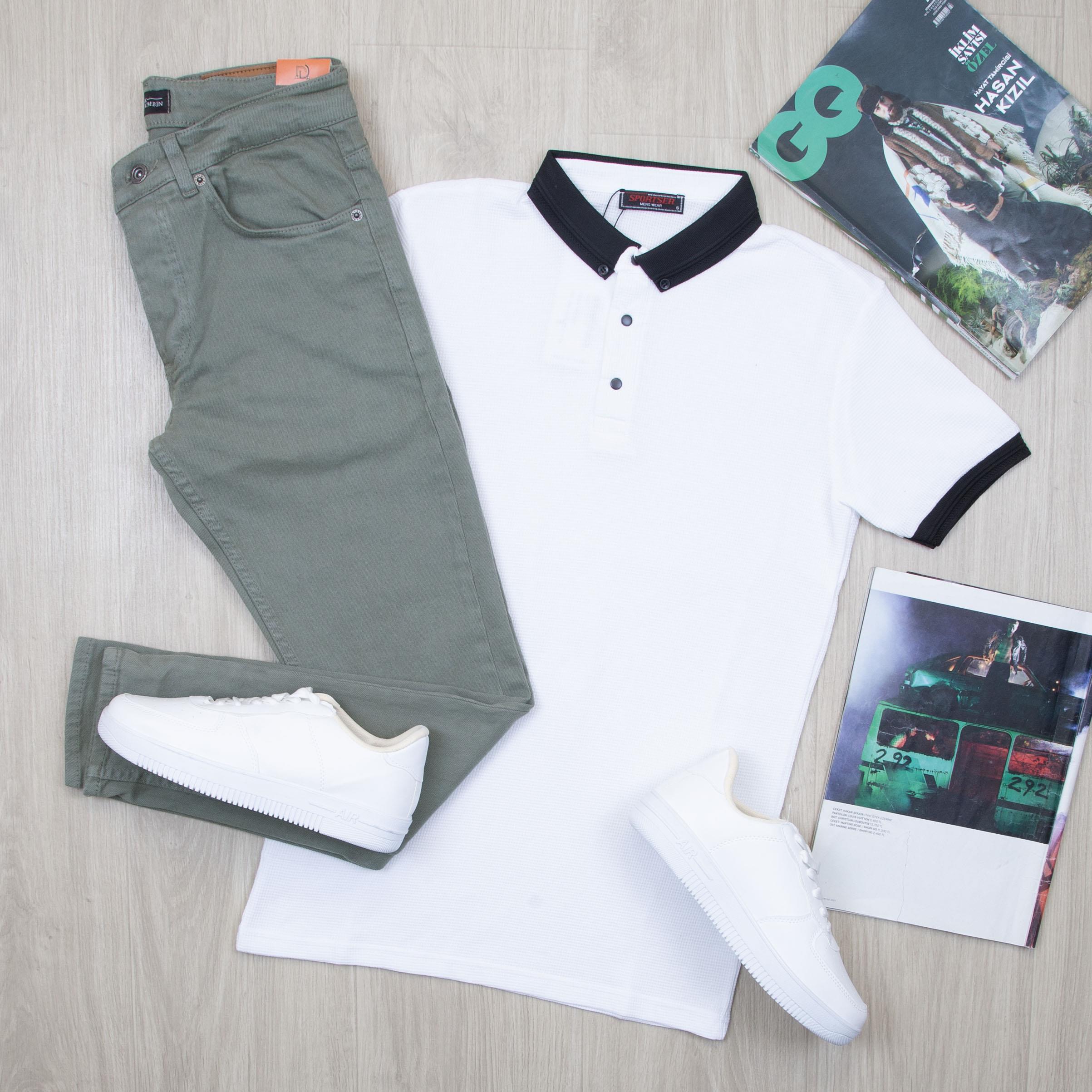 Beyaz Polo Yaka Tişört Pantolon Ayakkabı Kombin