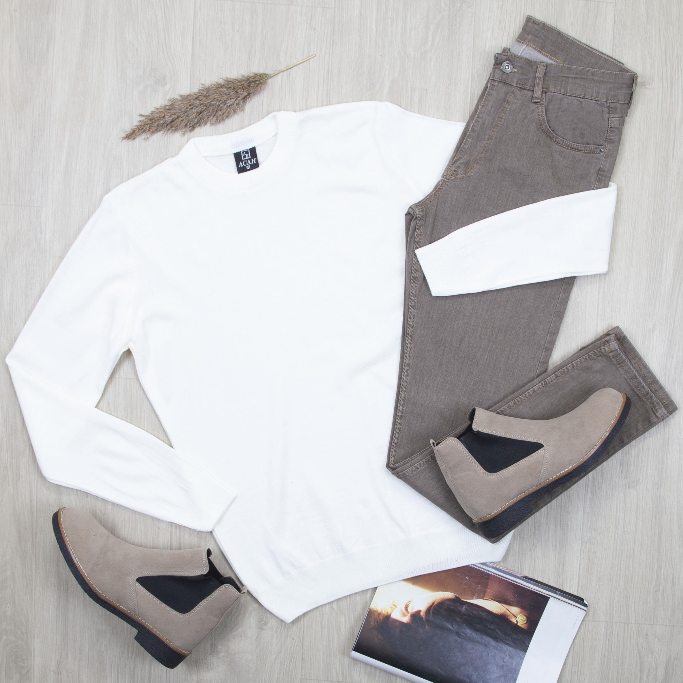 Beyaz Triko Kazak Pantolon Ayakkabı Kombin