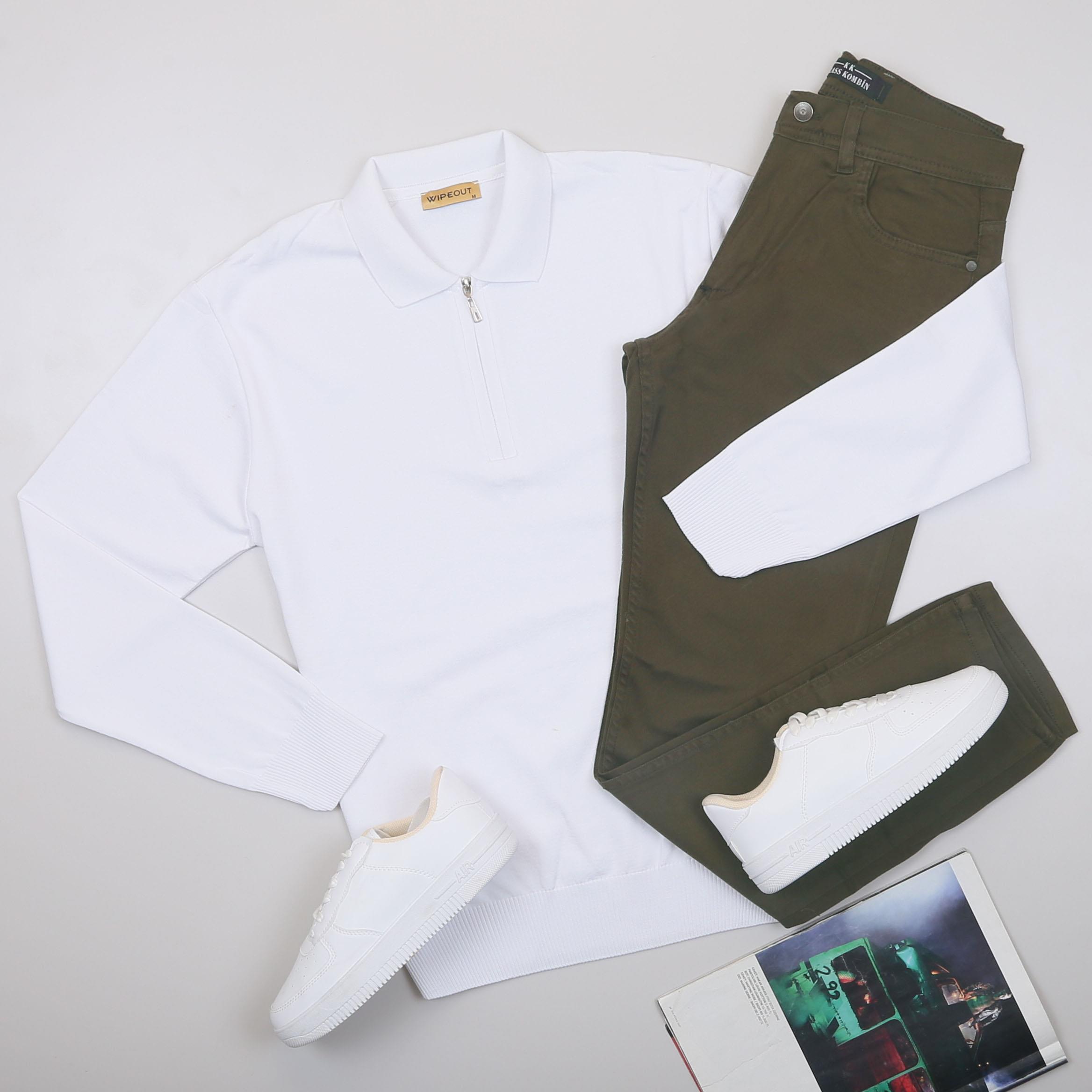 Beyaz Triko Polo Yaka Pantolon Ayakkabı Kombin