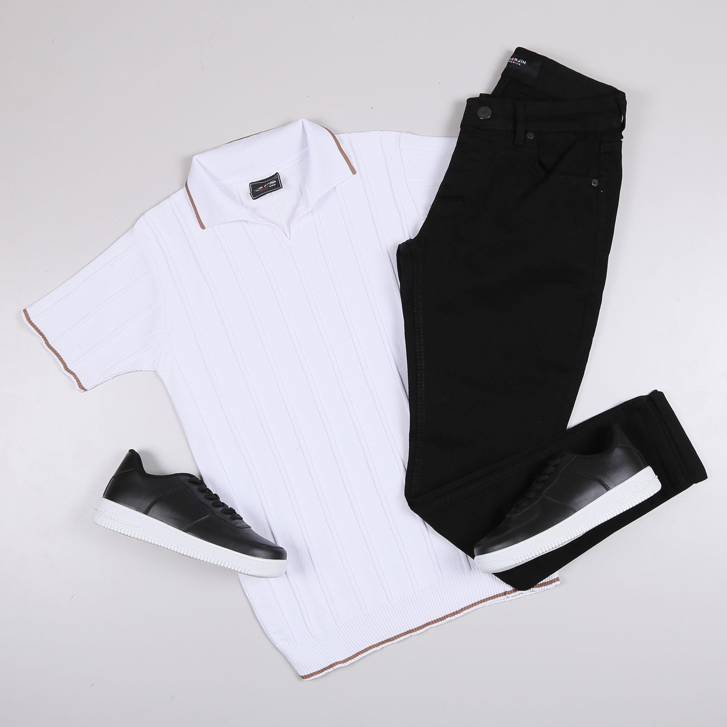 Beyaz Triko Polo Yaka Tişört Pantolon Ayakkabı Kombin