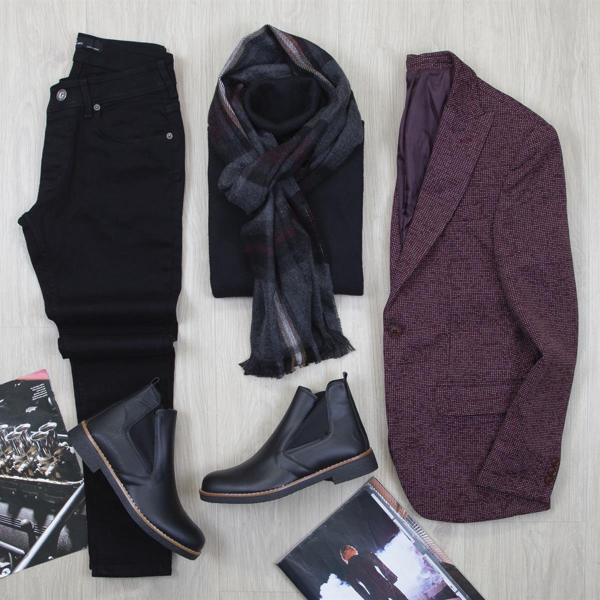 Bordo Blazer Ceket Boğazlı Body Pantolon Bot Kombin