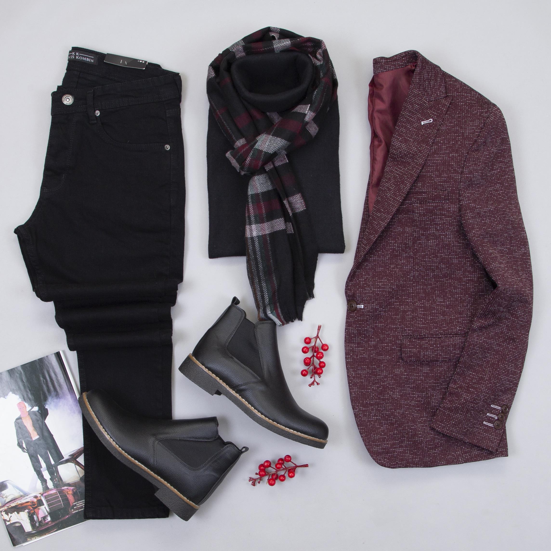 Bordo Blazer Ceket Boğazlı Body Pantolon Atkı Bot Kombin