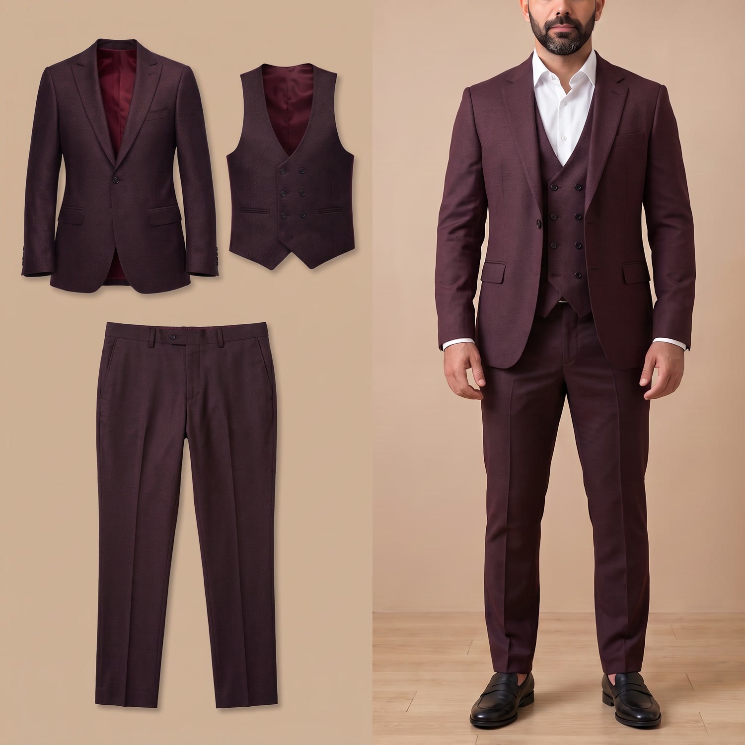 Bordo Ceket Yelek Pantolon Takım Erkek | Slim Fit Şık 3'lü Kombin Set