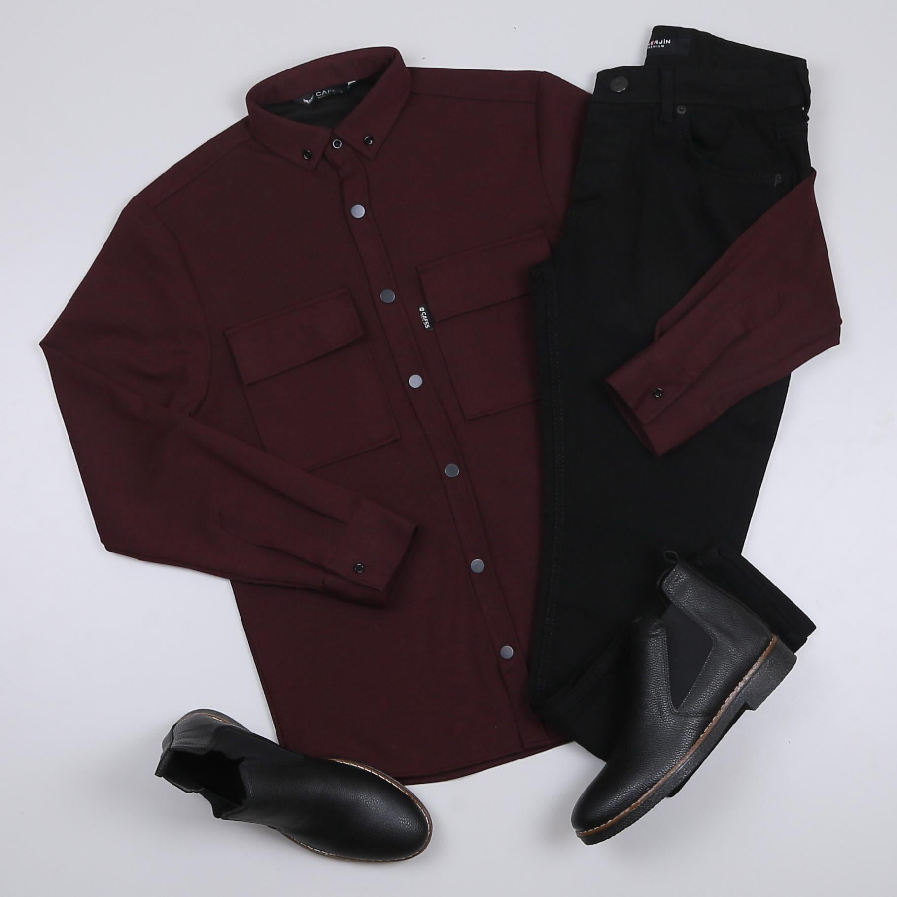 Bordo Cepli Gömlek Pantolon Bot Kombini