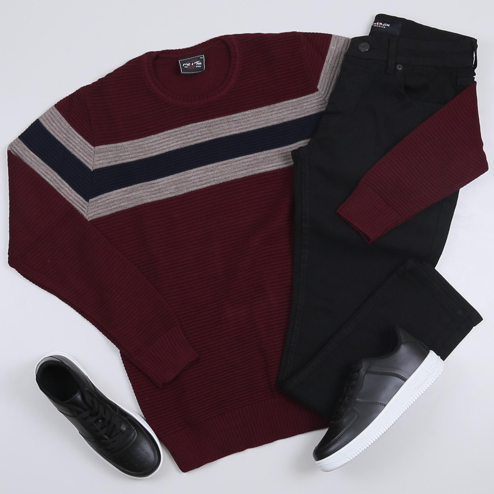 Bordo Çizgili Kazak Pantolon Ayakkabı Kombini