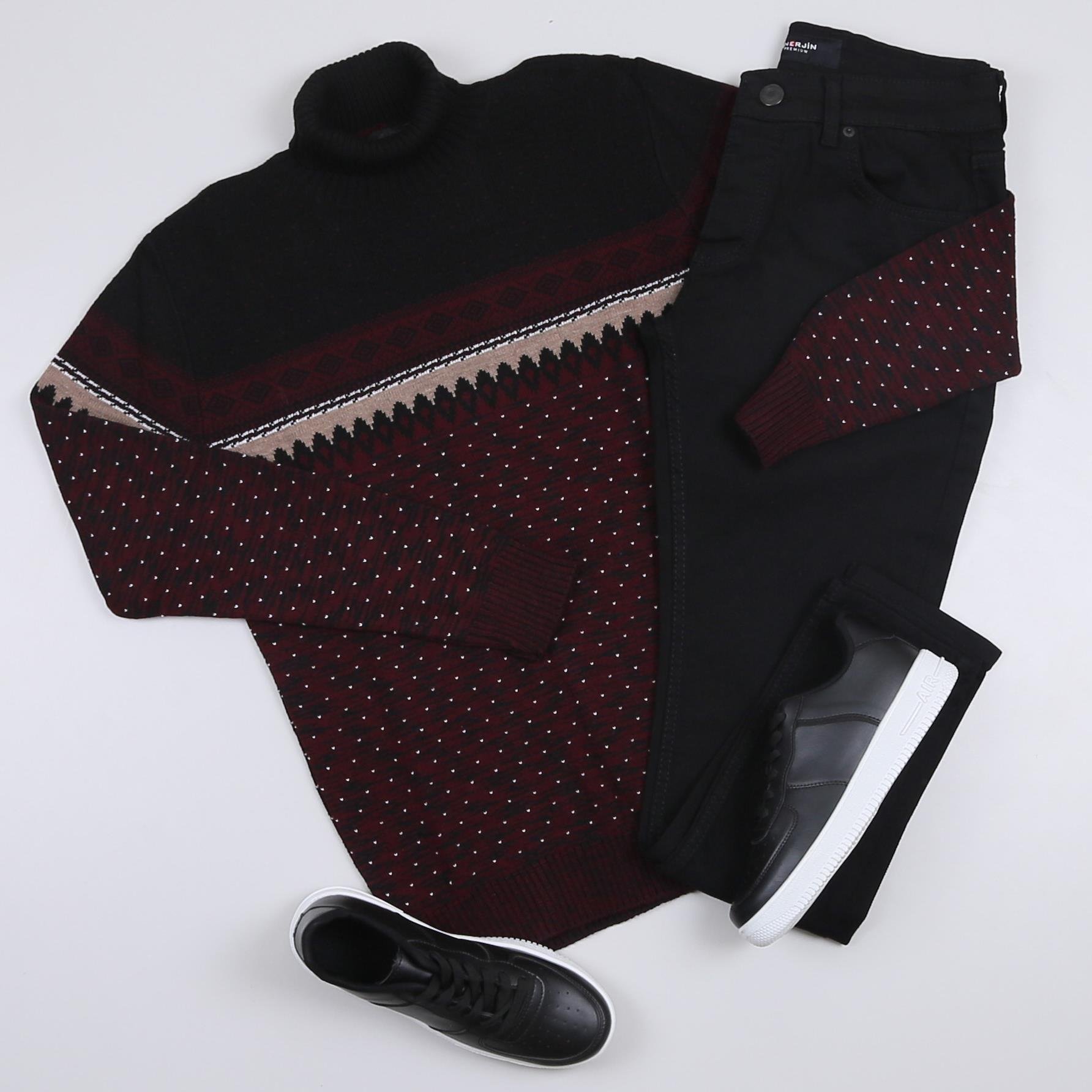 Bordo Desenli Kazak Pantolon Ayakkabı Kombini