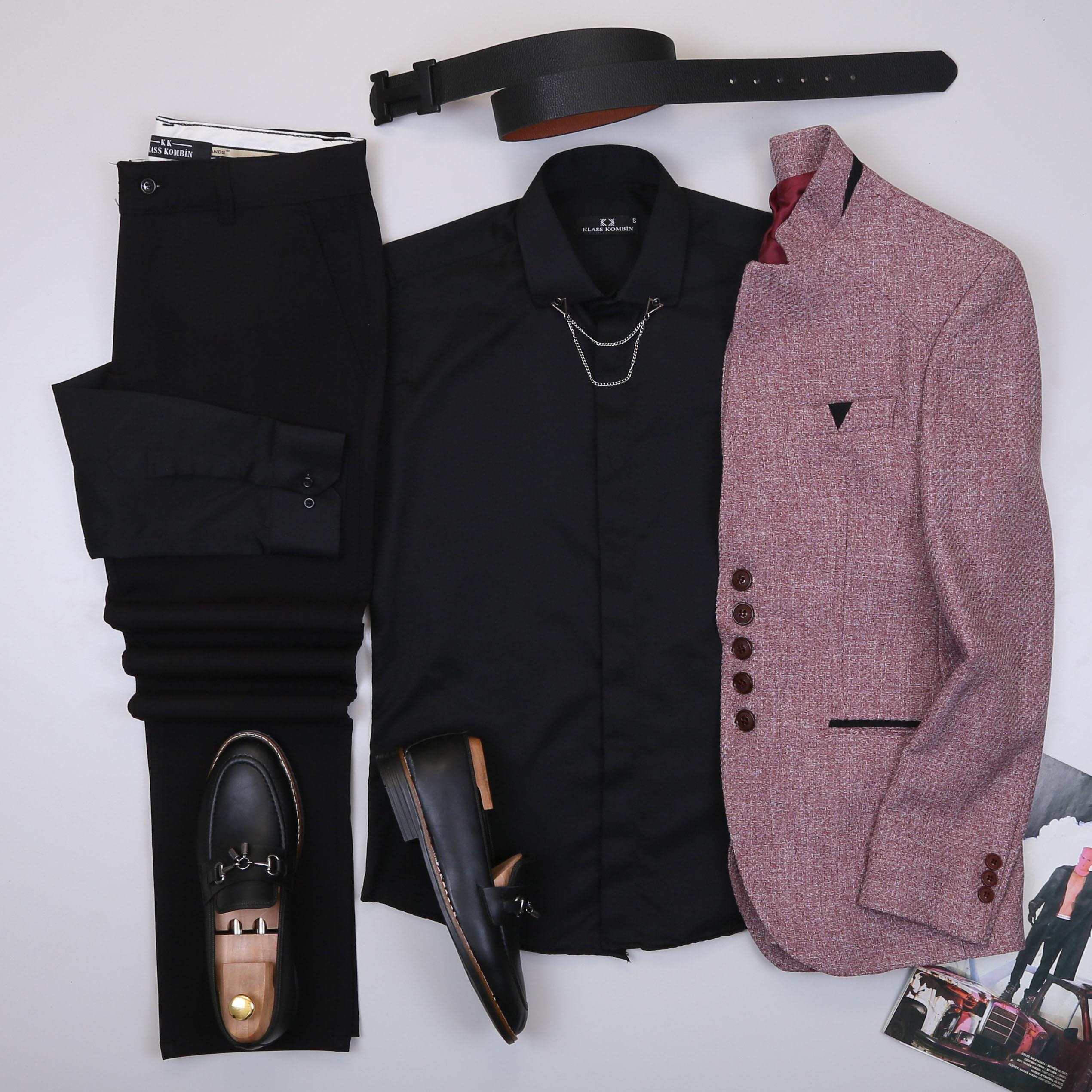 Bordo Dik Yaka Blazer Ceket Gömlek Pantolon Ayakkabı Kombin