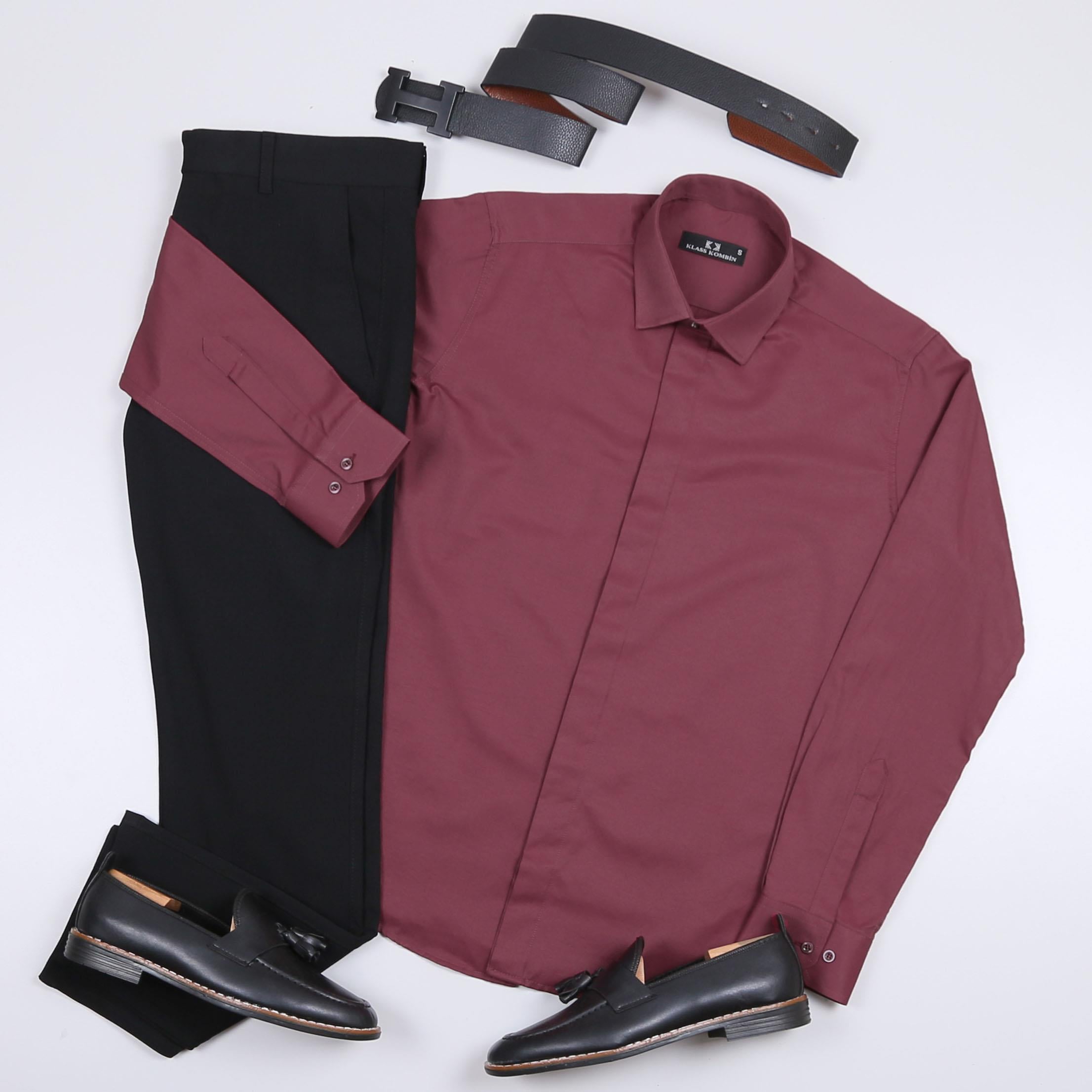 Bordo Gömlek Siyah Pantolon Ayakkabı Kombin