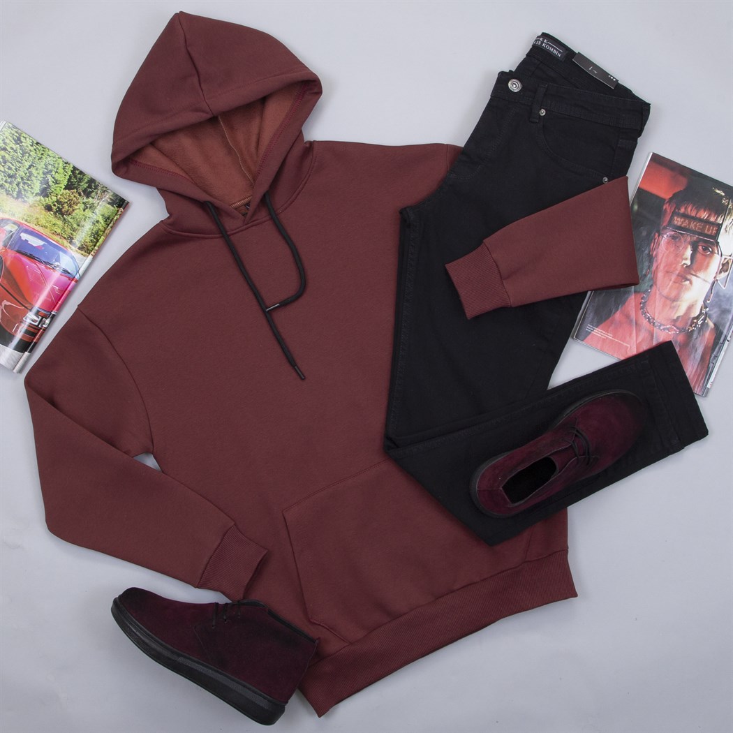 Bordo Kapşonlu Sweat Pantolon Ayakkabı Kombin