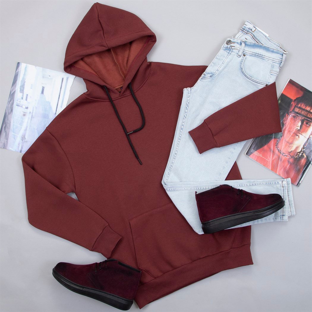 Bordo Kapşonlu Sweat Pantolon Ayakkabı Kombin