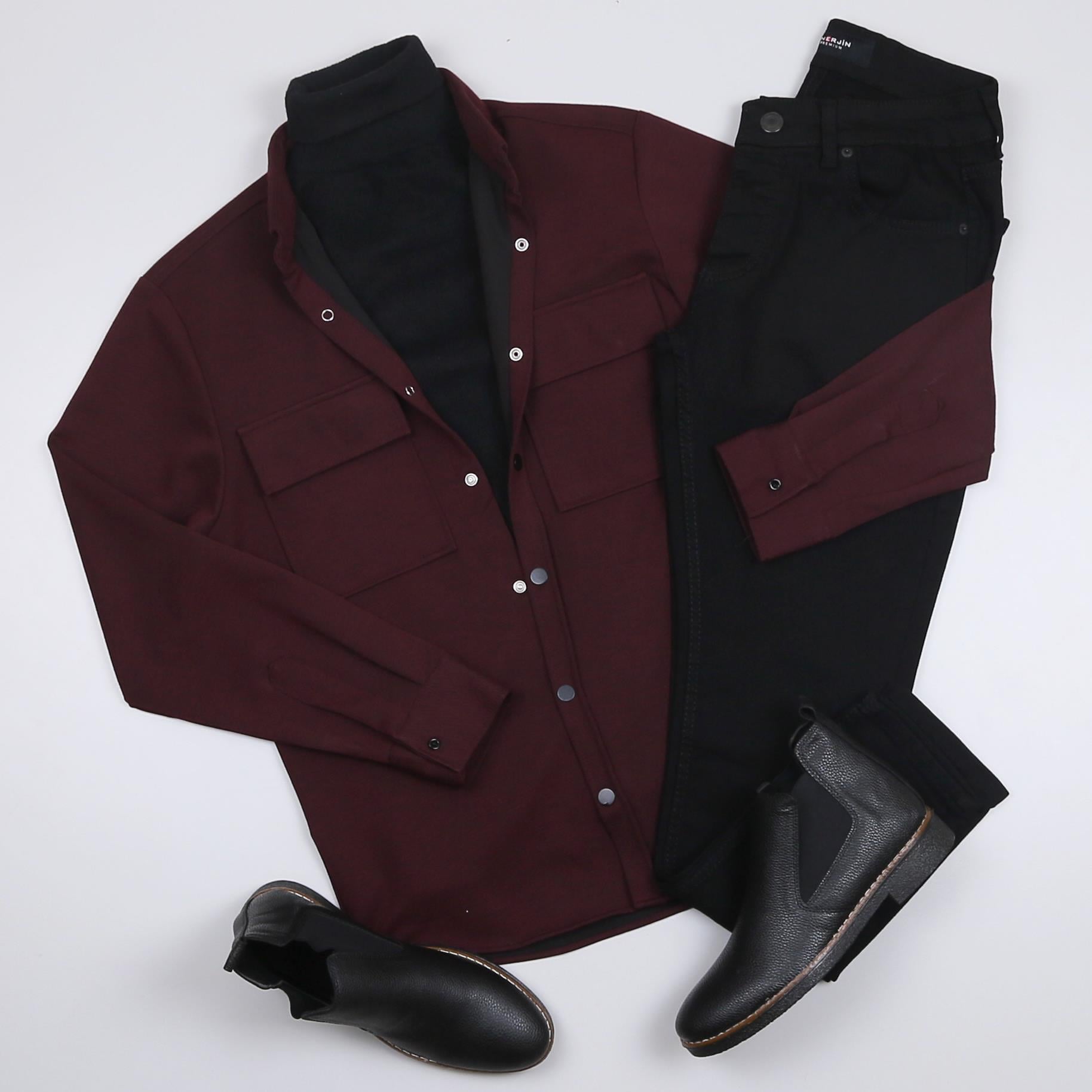 Bordo Kaşe Gömlek Boğazlı Body Pantolon Bot Kombin