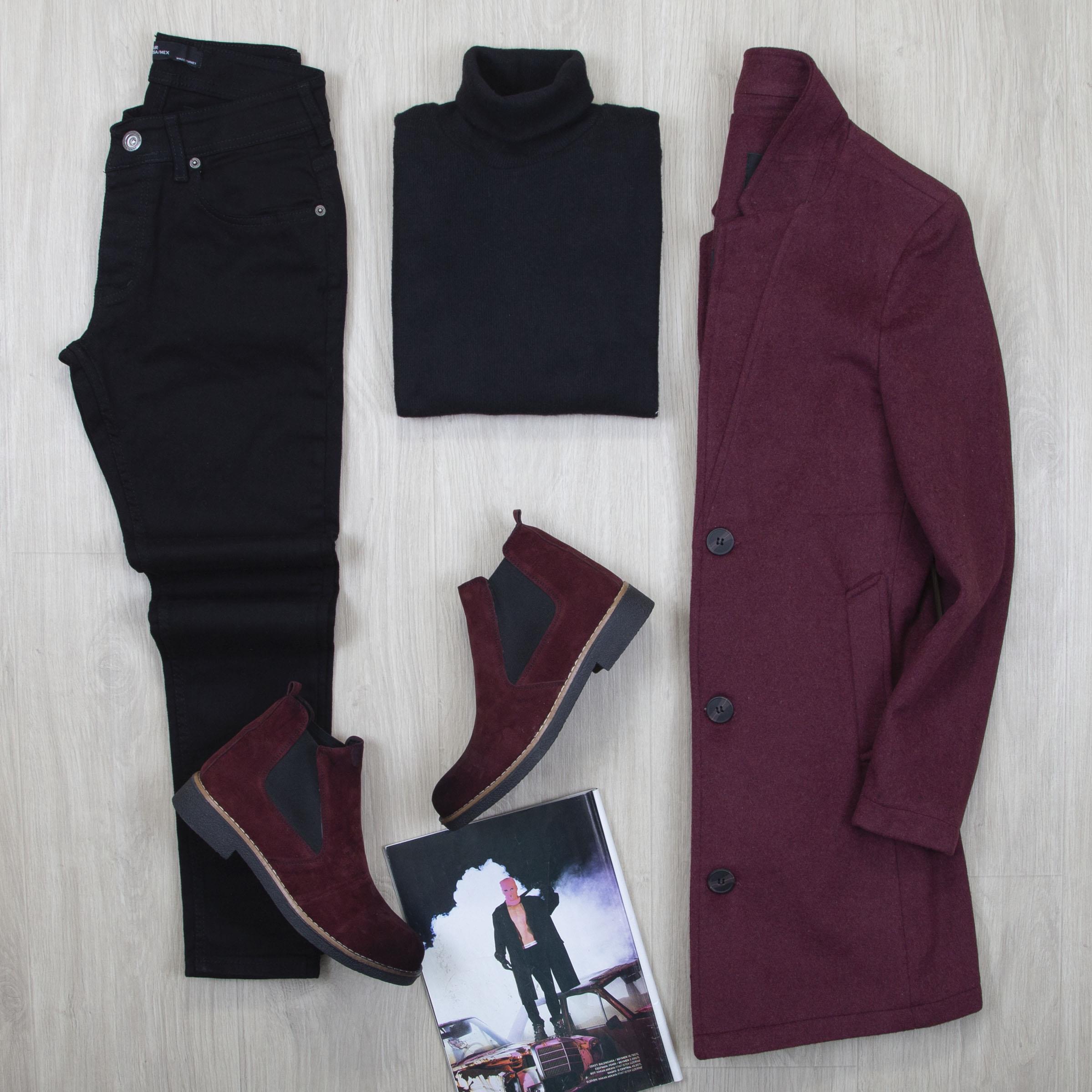 Bordo Kaşe Kaban Boğazlı Body Pantolon Bot Kombin