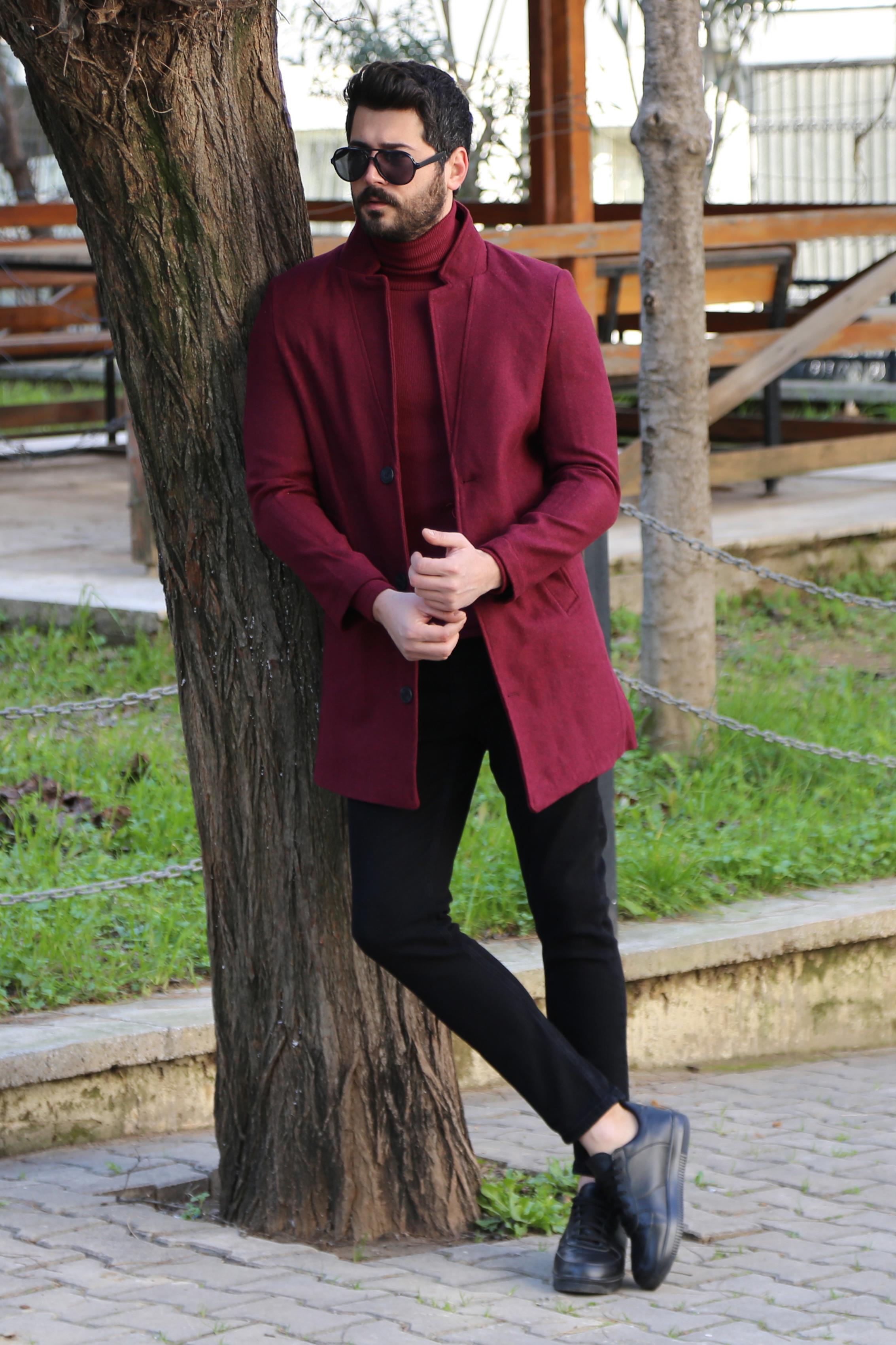 Bordo Kaşe Kaban Kombini