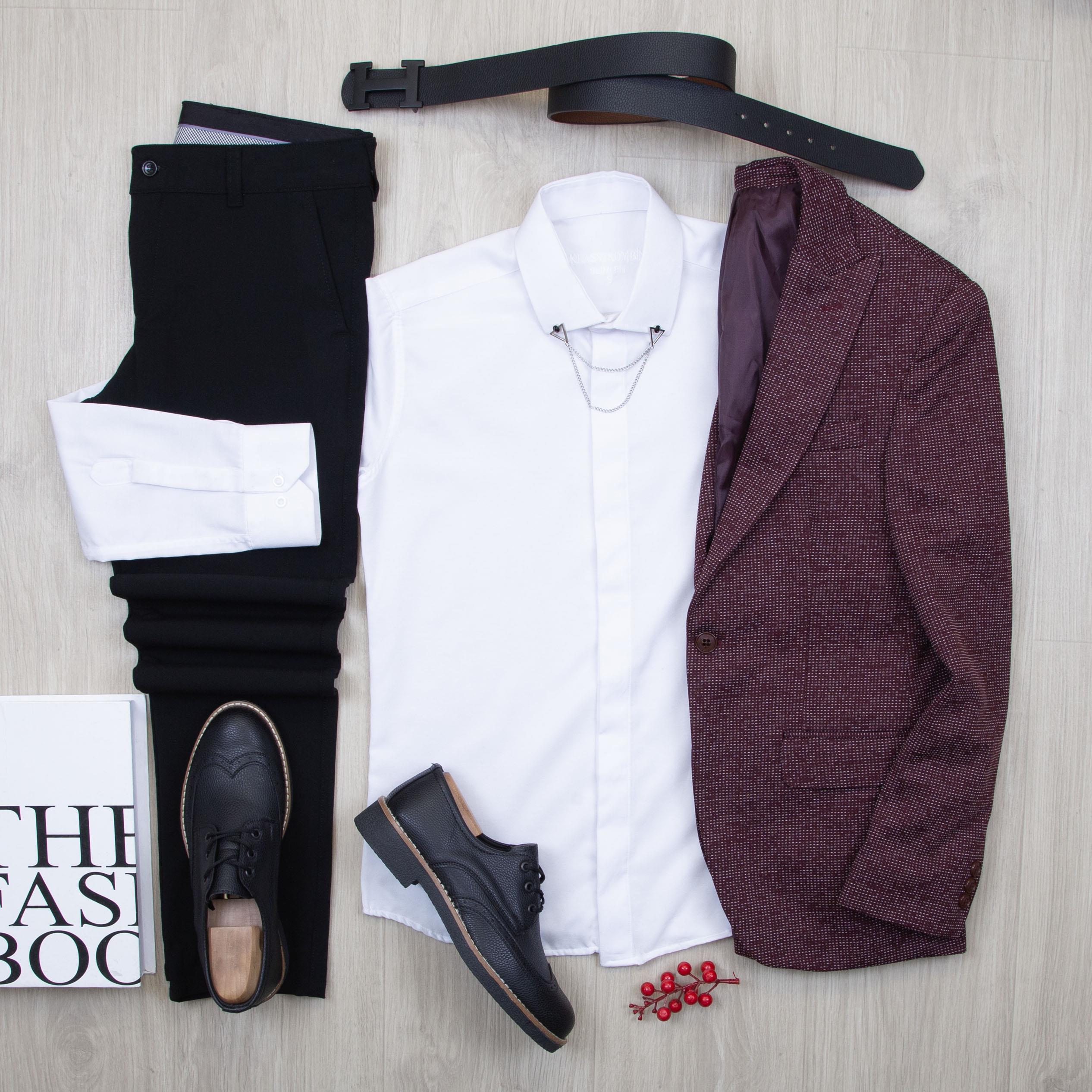 Bordo Kırçıllı Blazer Ceket Gömlek Pantolon Ayakkabı Kombin