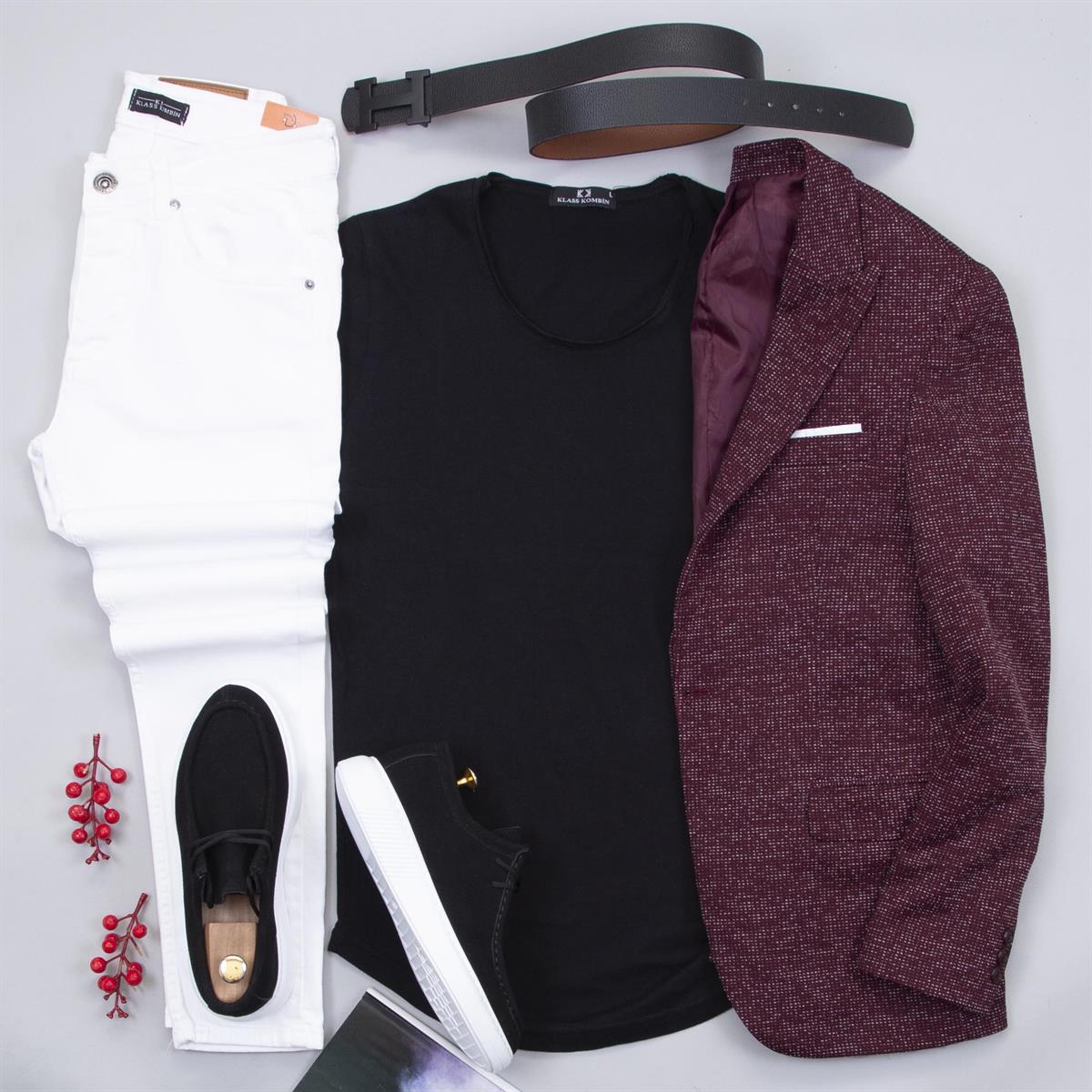Bordo Kırçıllı Blazer Ceket Gömlek Pantolon Ayakkabı Kombin
