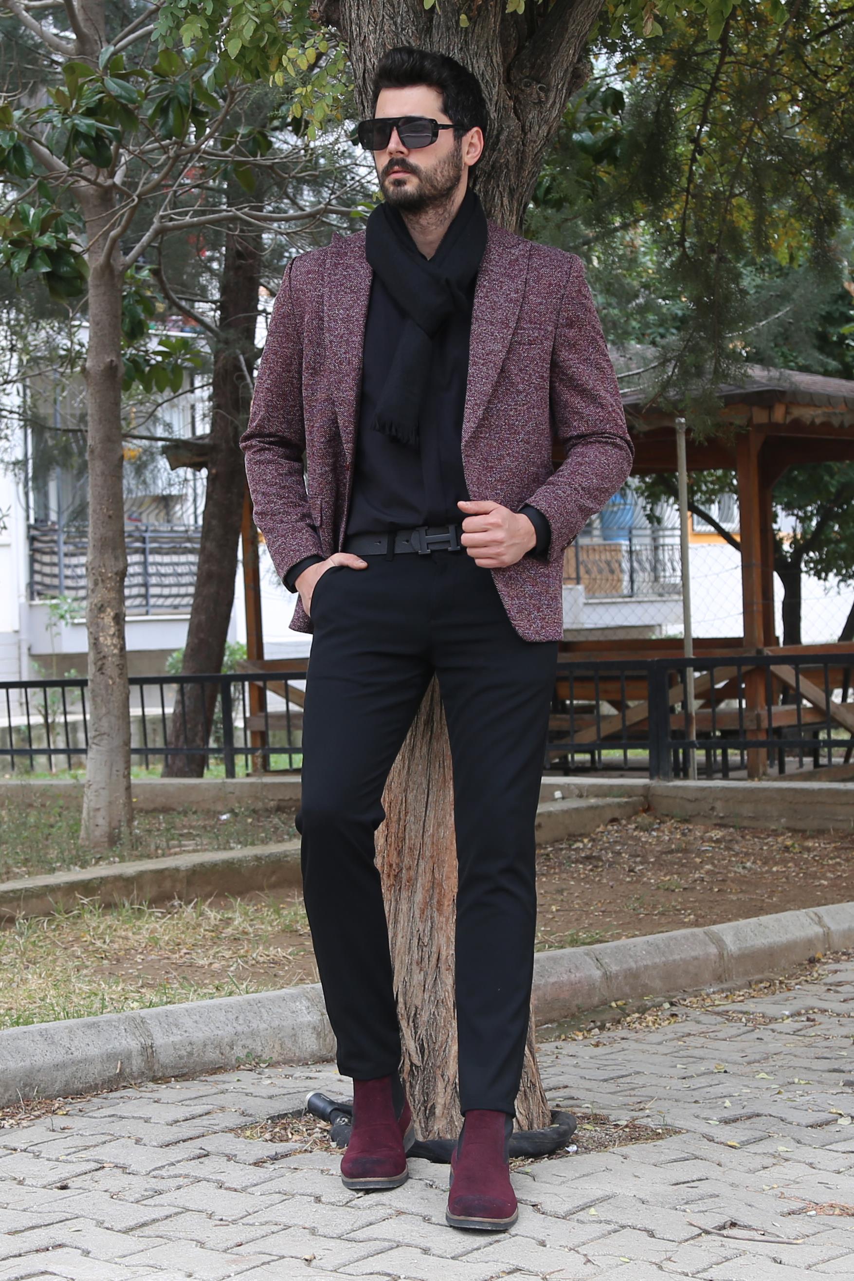 Bordo Kırçıllı Blazer Ceket Kombini