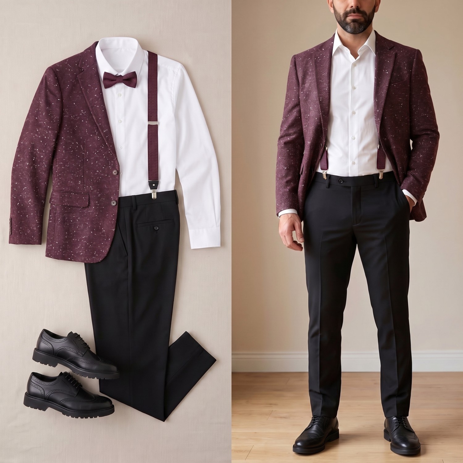 Kırçıllı Bordo Blazer Ceket Gömlek Pantolon Papyon Askı Ayakkabı Kombin