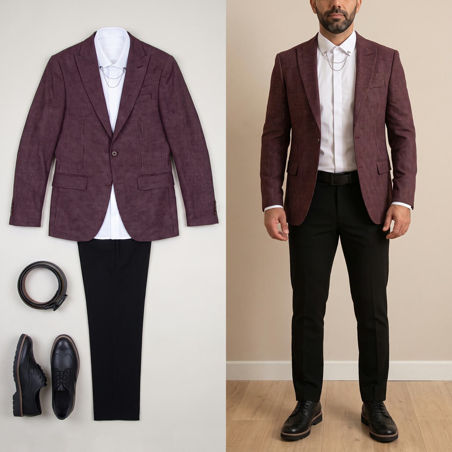 Bordo Kırçıllı Blazer Ceket Gömlek Pantolon Ayakkabı Kombin