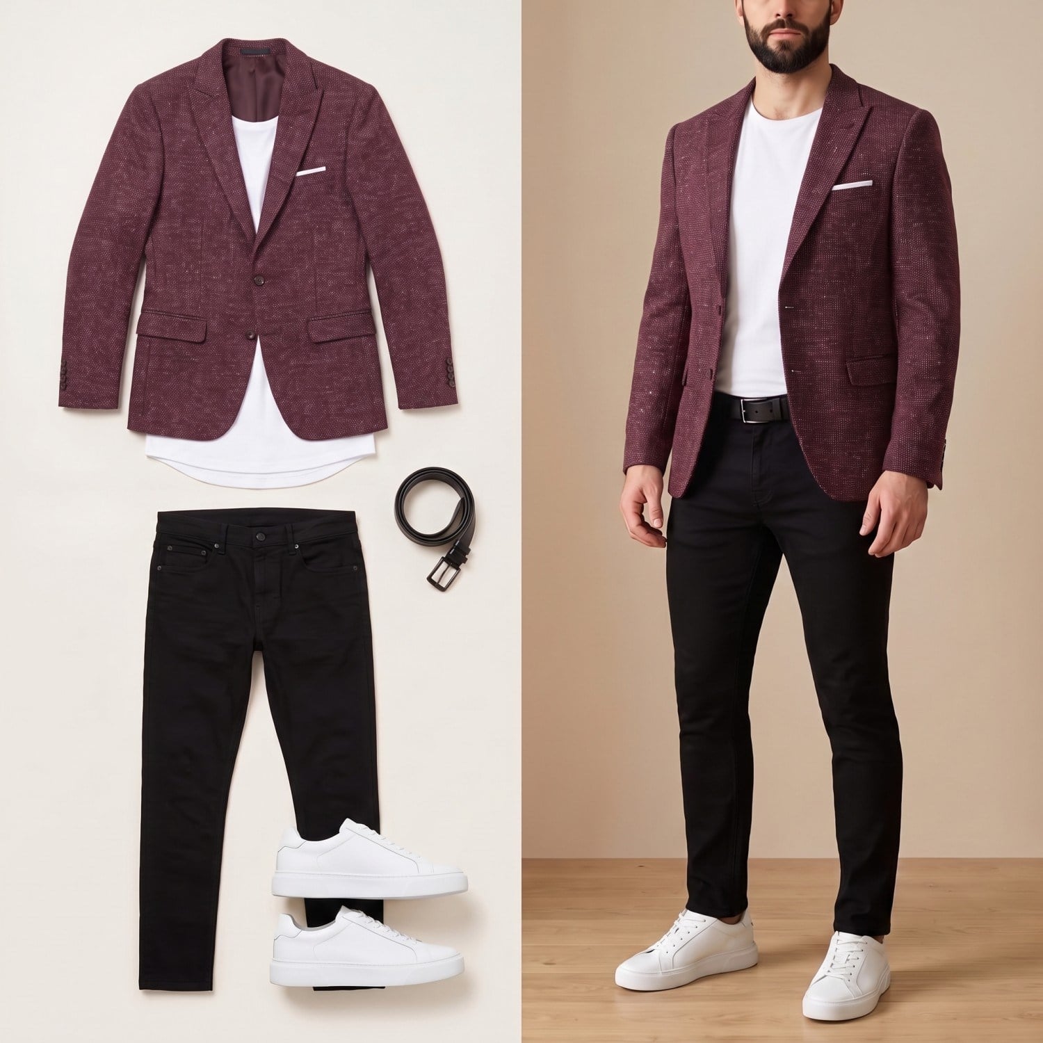 Bordo Kırçıllı Blazer Ceket Kombini Erkek | Slim Fit Tişörtlü Şık Komple Set 