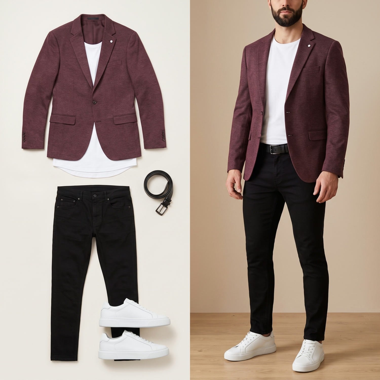 Bordo Blazer Ceket Tişört Pantolon Ayakkabı Kombin