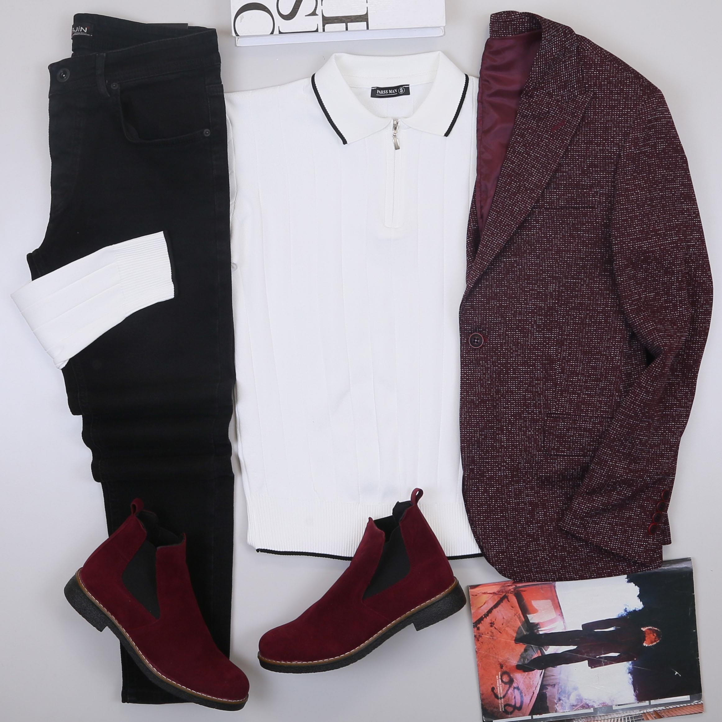 Bordo Kırçıllı Blazer Ceket Triko Kazak Pantolon Bot Kombin