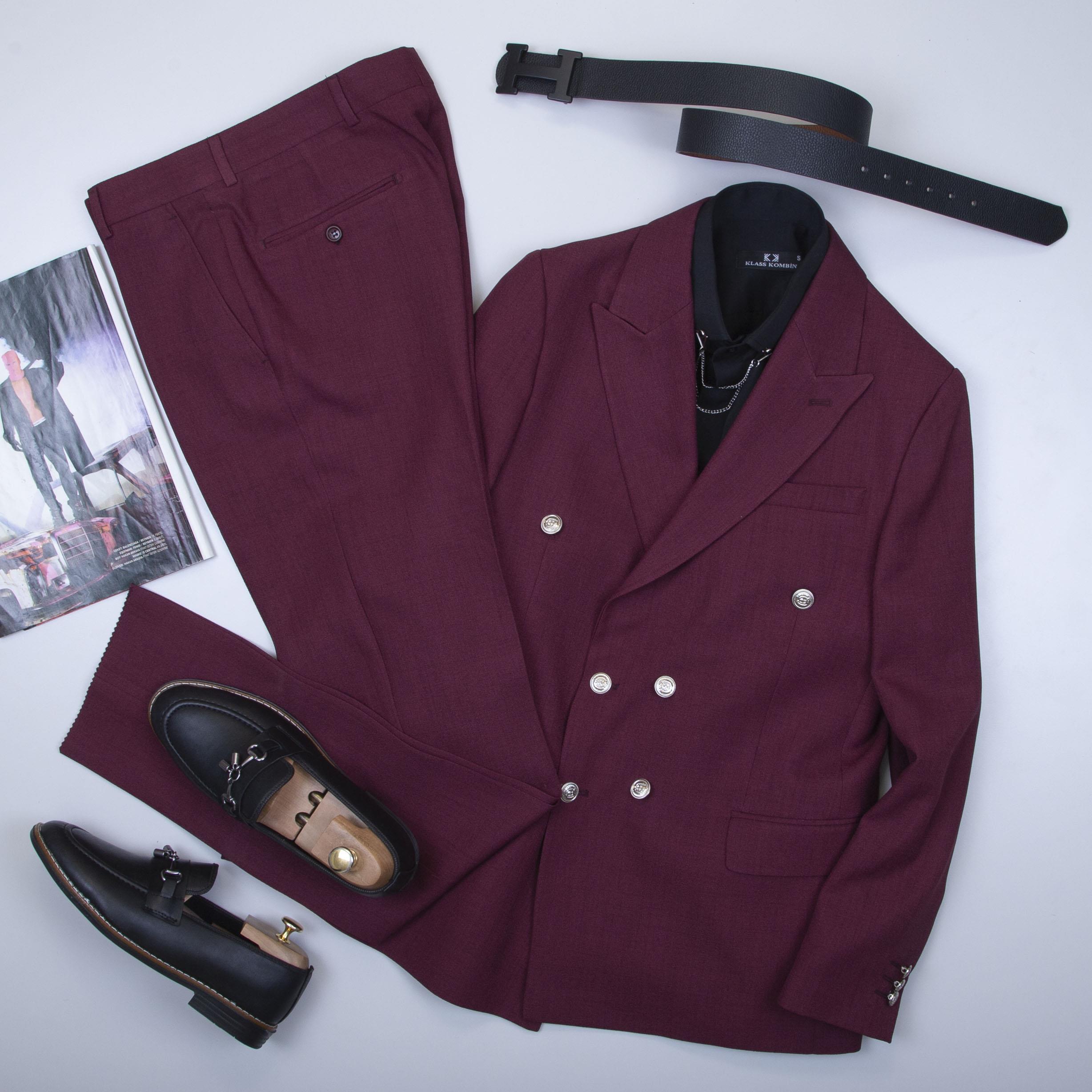 Bordo Kruvaze Takım Elbise Kombini