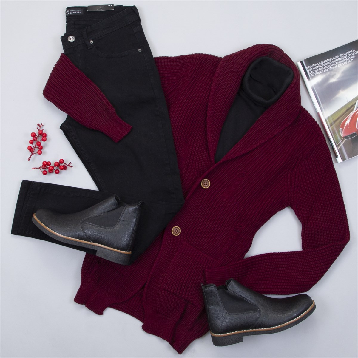 Bordo Özel Yırtıklı Hırka Boğazlı Kazak Pantolon Bot Kombin