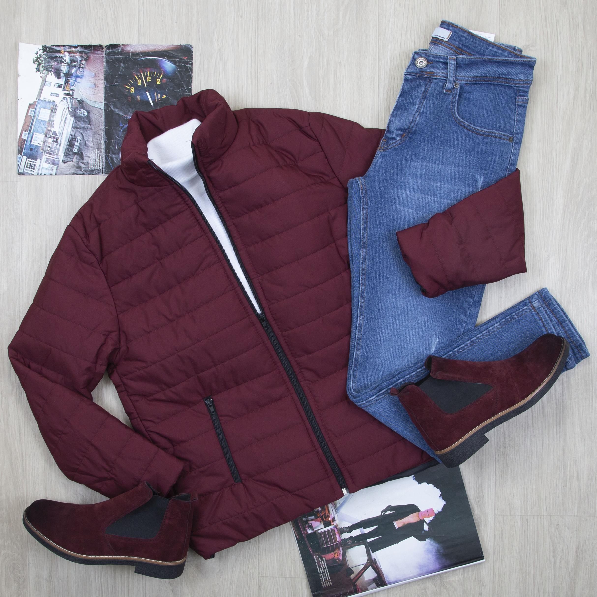 Bordo Şişme Mont Boğazlı Body Pantolon Bot Kombin