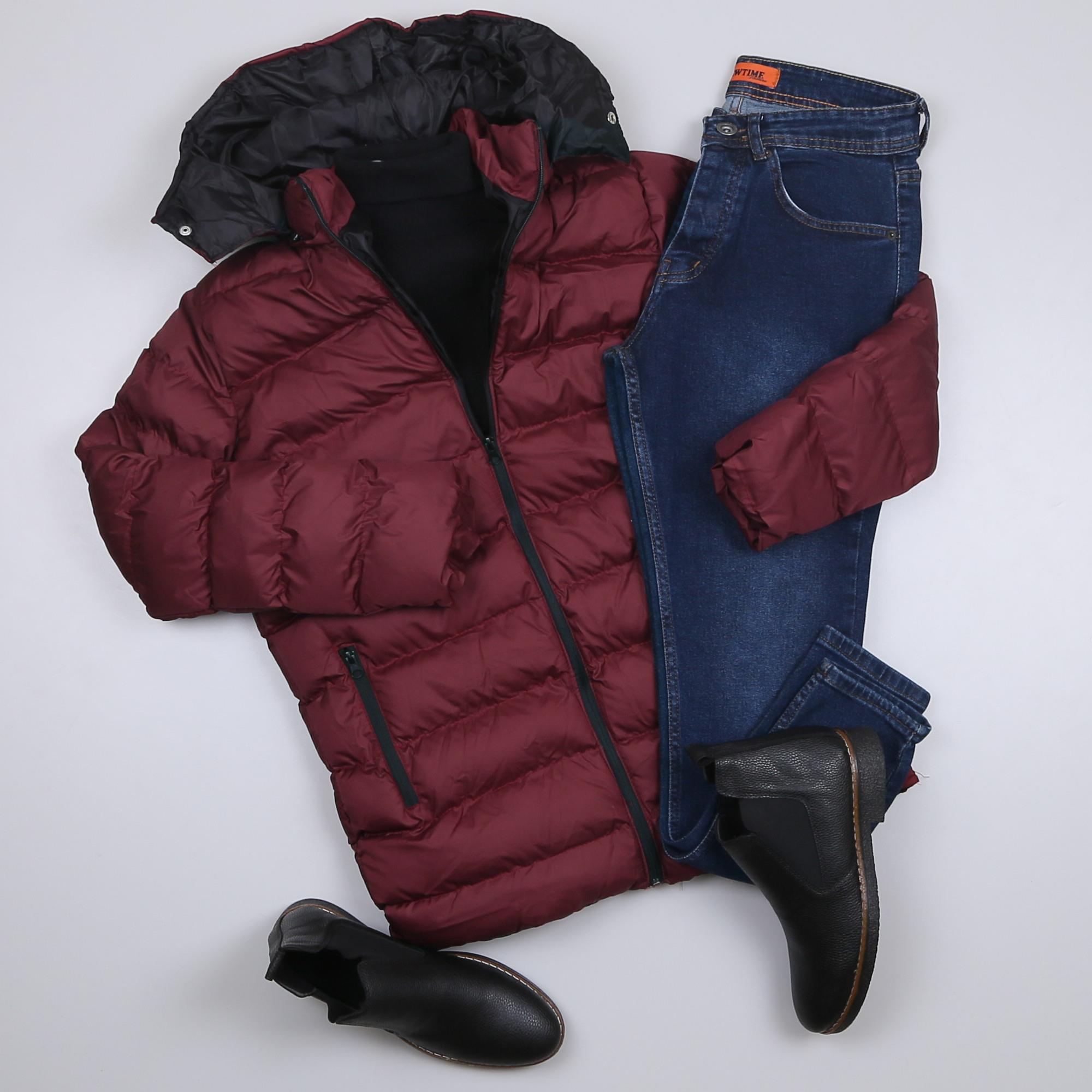 Bordo Şişme Mont Boğazlı Body Pantolon Bot Kombini