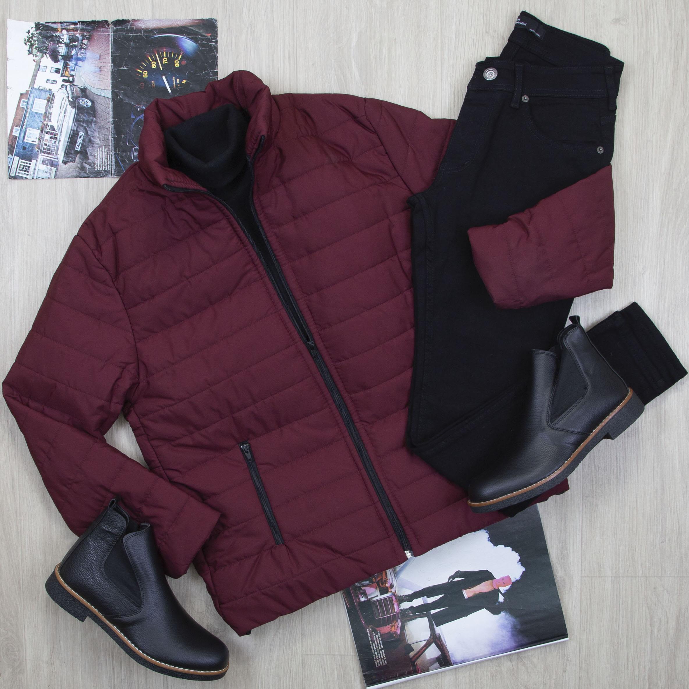 Bordo Şişme Mont Boğazlı Body Pantolon Bot Kombin