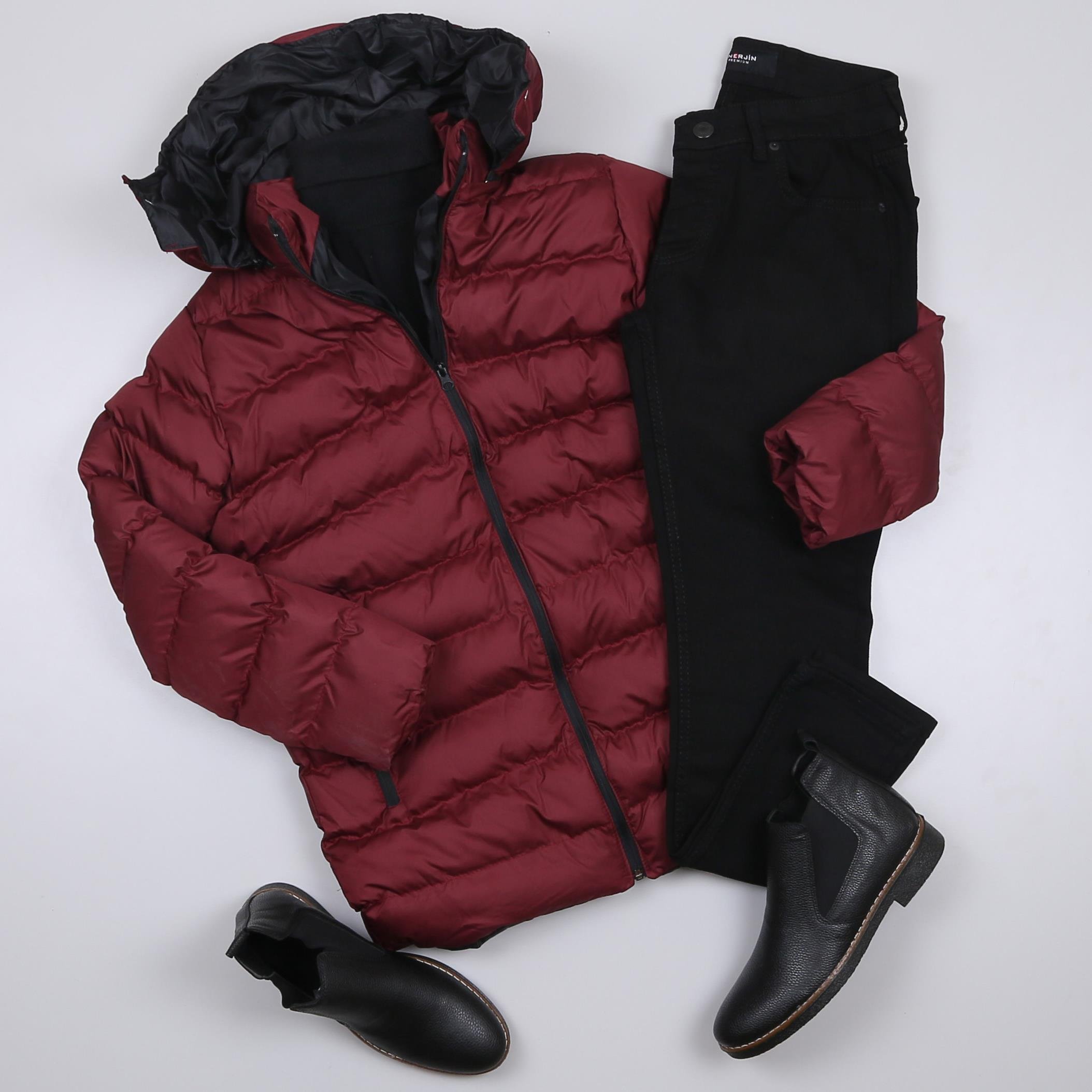 Bordo Şişme Mont Pantolon Bot Kombini