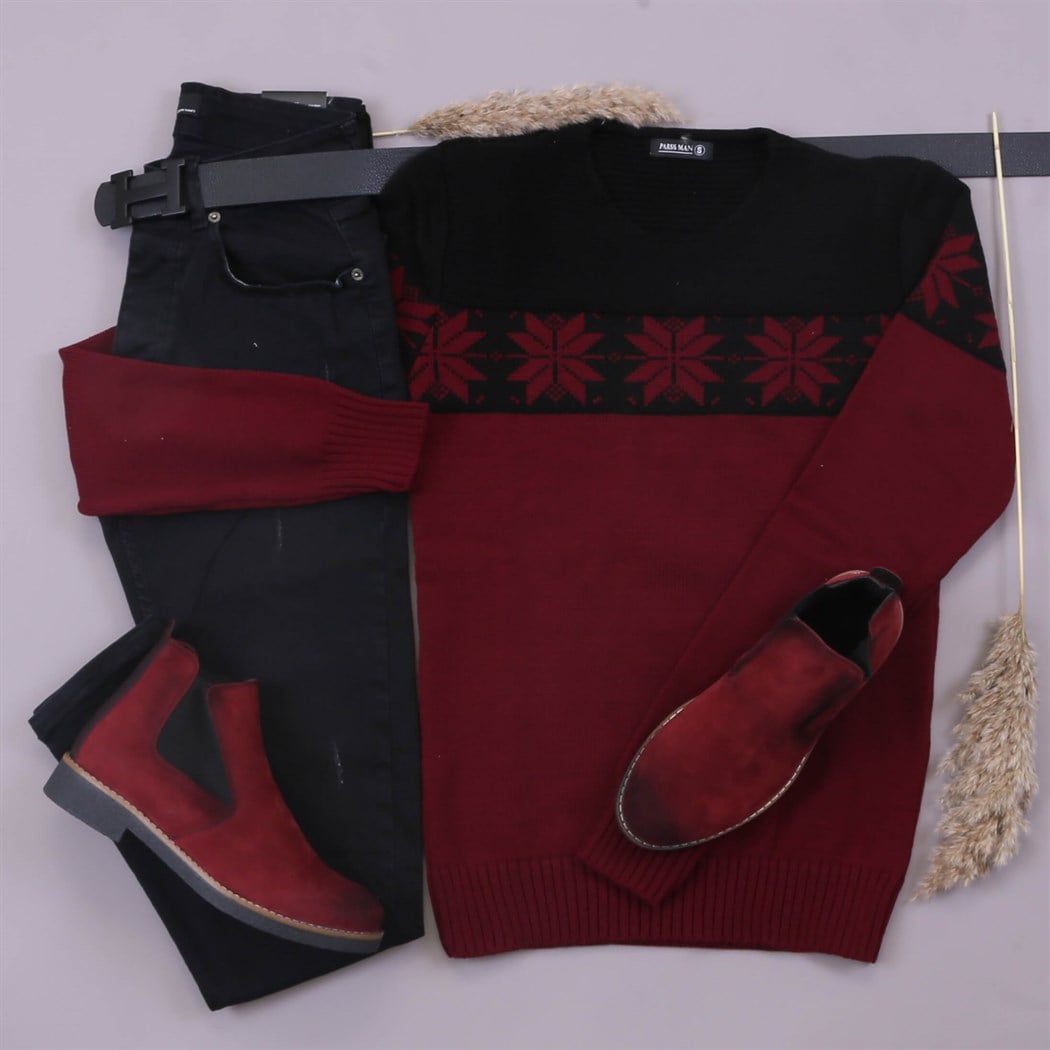 Bordo Siyah Kazak Pantolon Bot Kombin