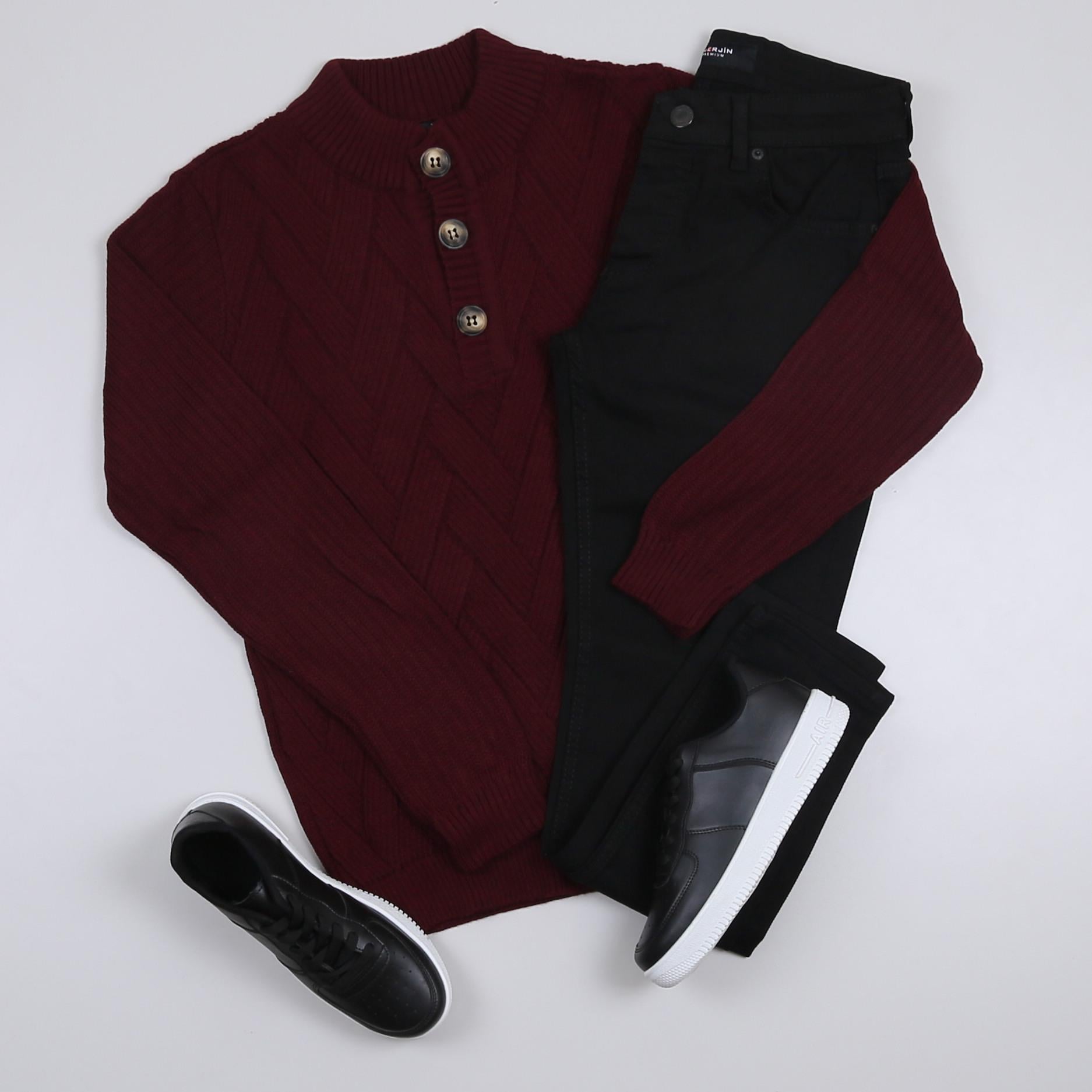 Bordo Triko Kazak Kot Pantolon Ayakkabı Kombini