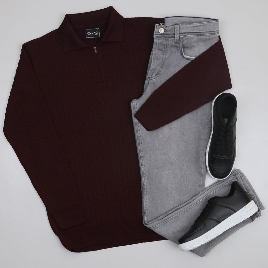 Bordo  triko polo yaka  pantolon ayakkabı kombini