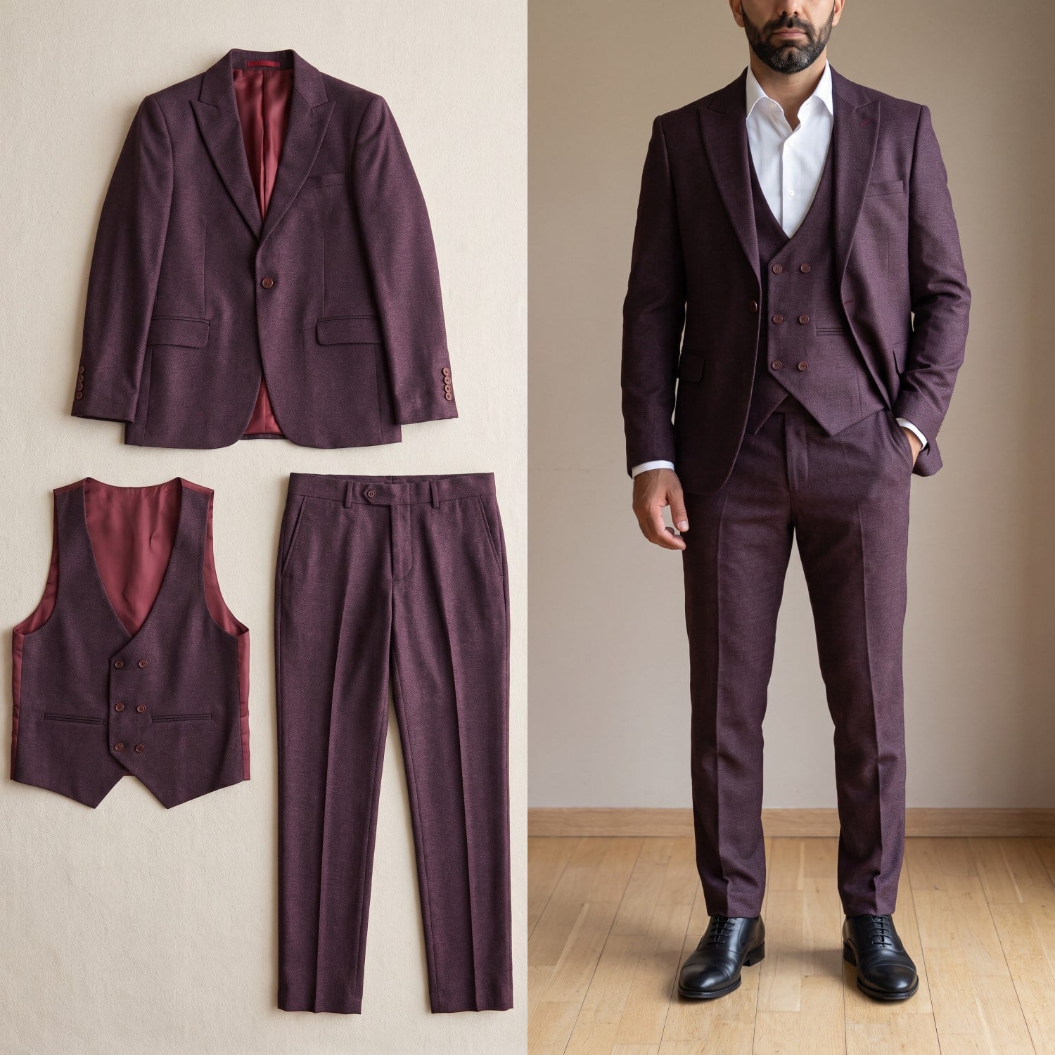 Bordo Yelekli Takım Elbise Erkek | Slim Fit İndirimli Takım