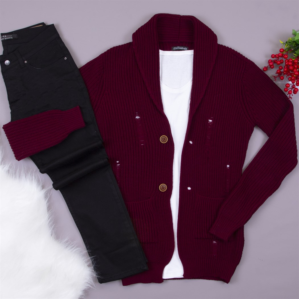 Bordo Yırtıklı Hırka Tişört Pantolon Kombin