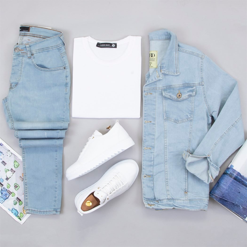 Buz Mavi Kot Ceket Tişört Pantolon Ayakkabı Kombin
