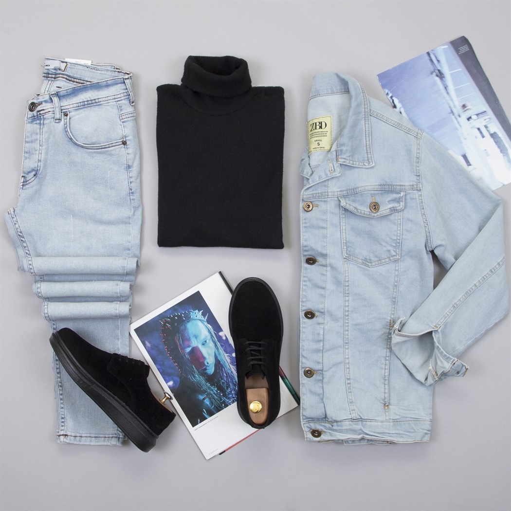 Buz Mavi Kot Ceket Tişört Pantolon Ayakkabı Kombin