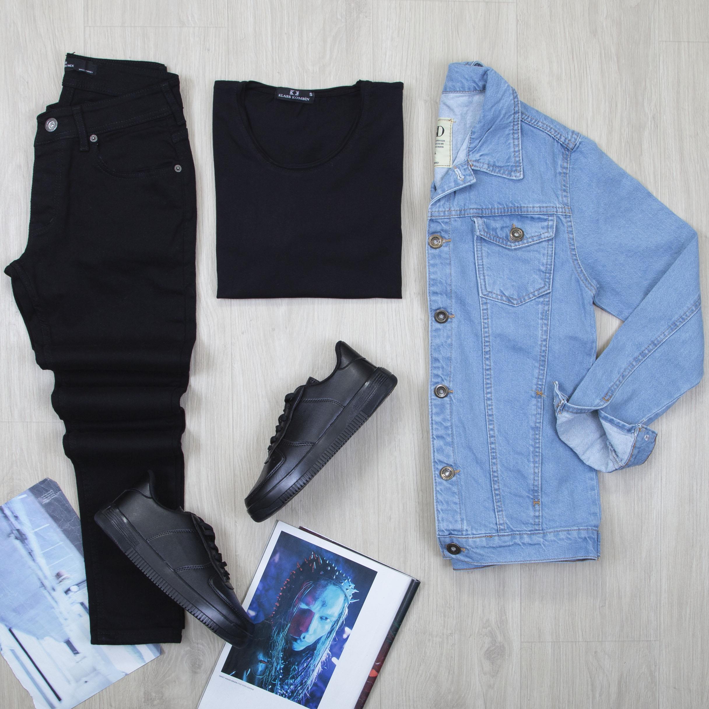 Buz Mavi Kot Ceket Tişört Pantolon Ayakkabı Kombin