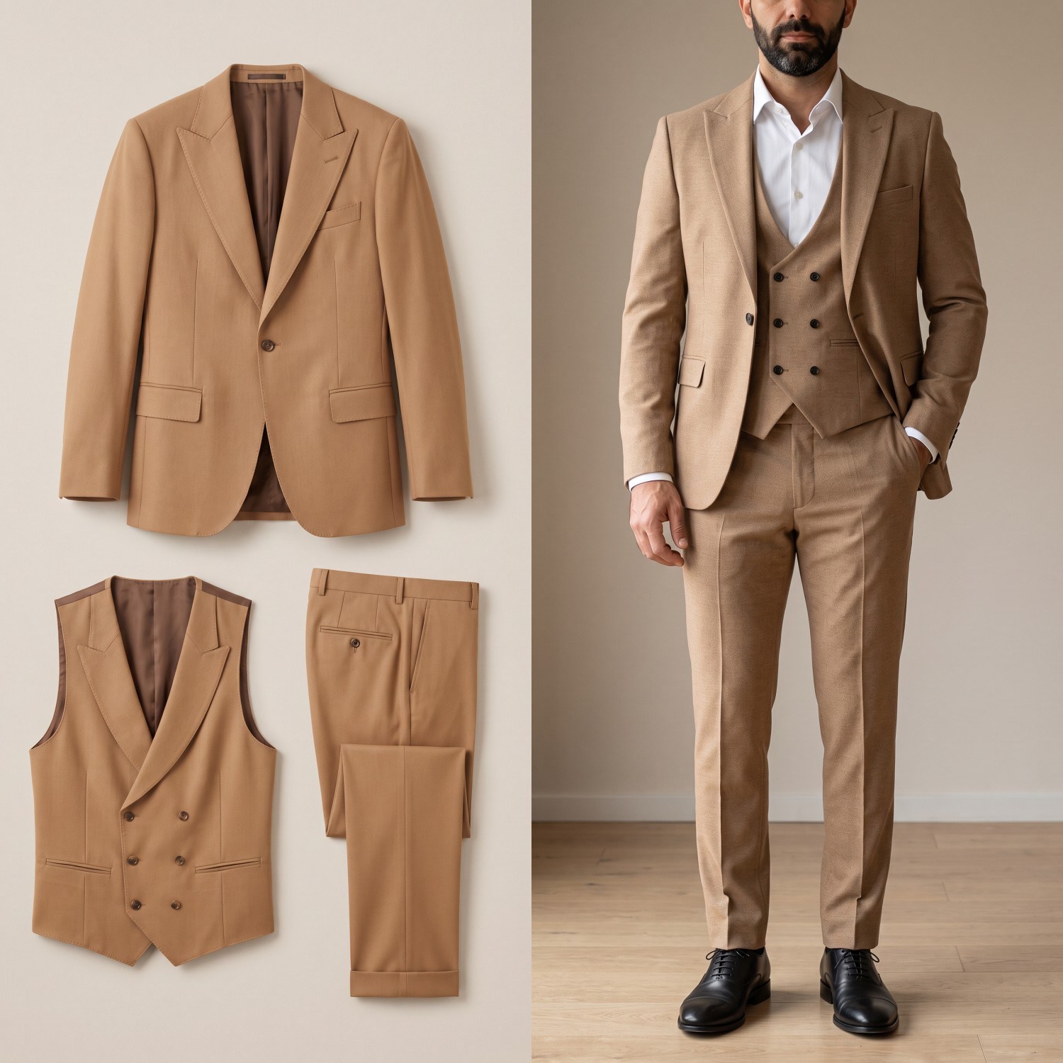 Camel Kruvaze Yelekli Takım Elbise Erkek | Slim Fit İndirimli Takım