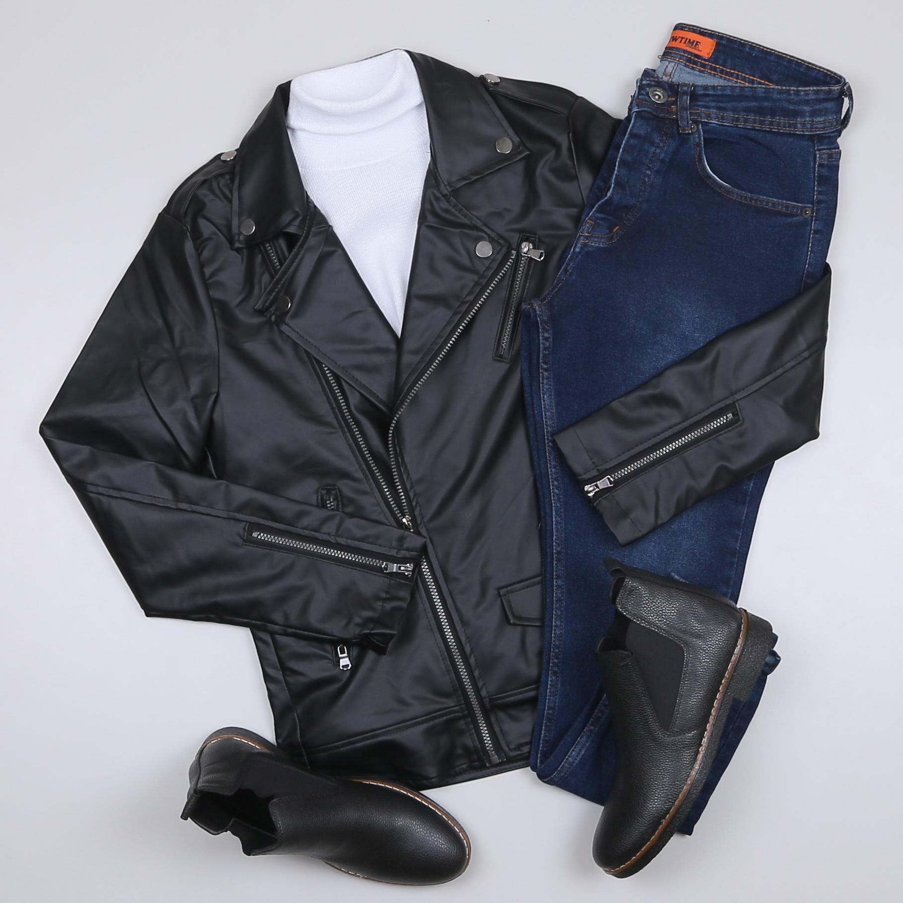 Çapraz Fermuarlı Siyah Deri Ceket Boğazlı Body Pantolon Bot Kombin