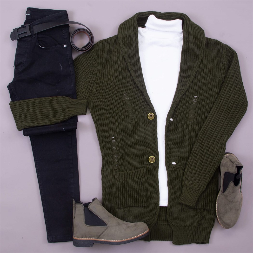 Cepli Yırtıklı Haki Hırka Kazak Pantolon Bot Kombin