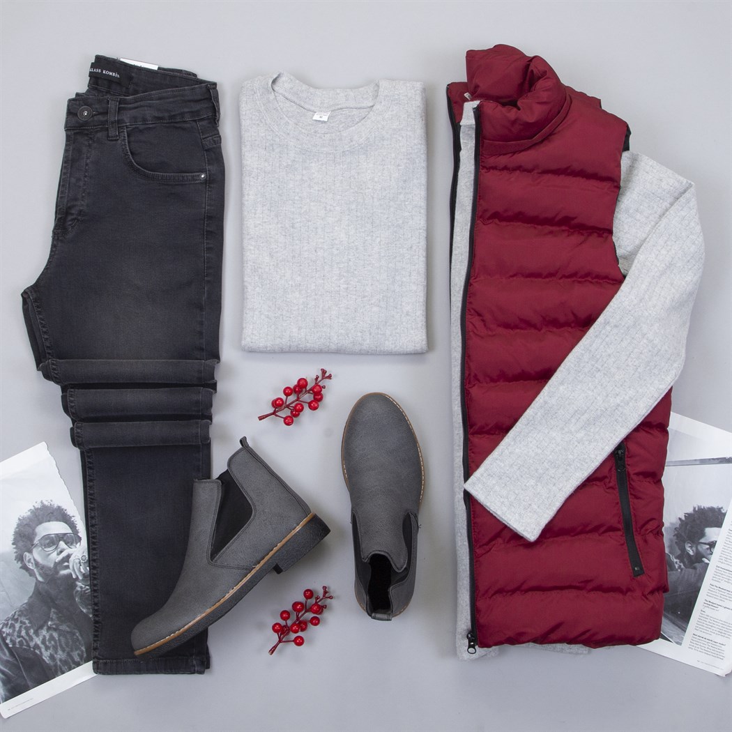 Çıkarılabilir Kapşonlu Bordo Şişme Yelek Body Pantolon Bot Kombin