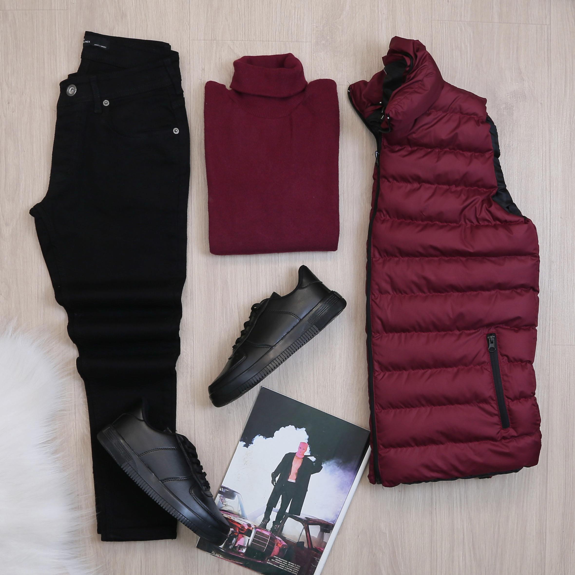 Çıkarılabilir Kapşonlu Bordo Şişme Yelek Boğazlı Body Pantolon Ayakkabı Kombin