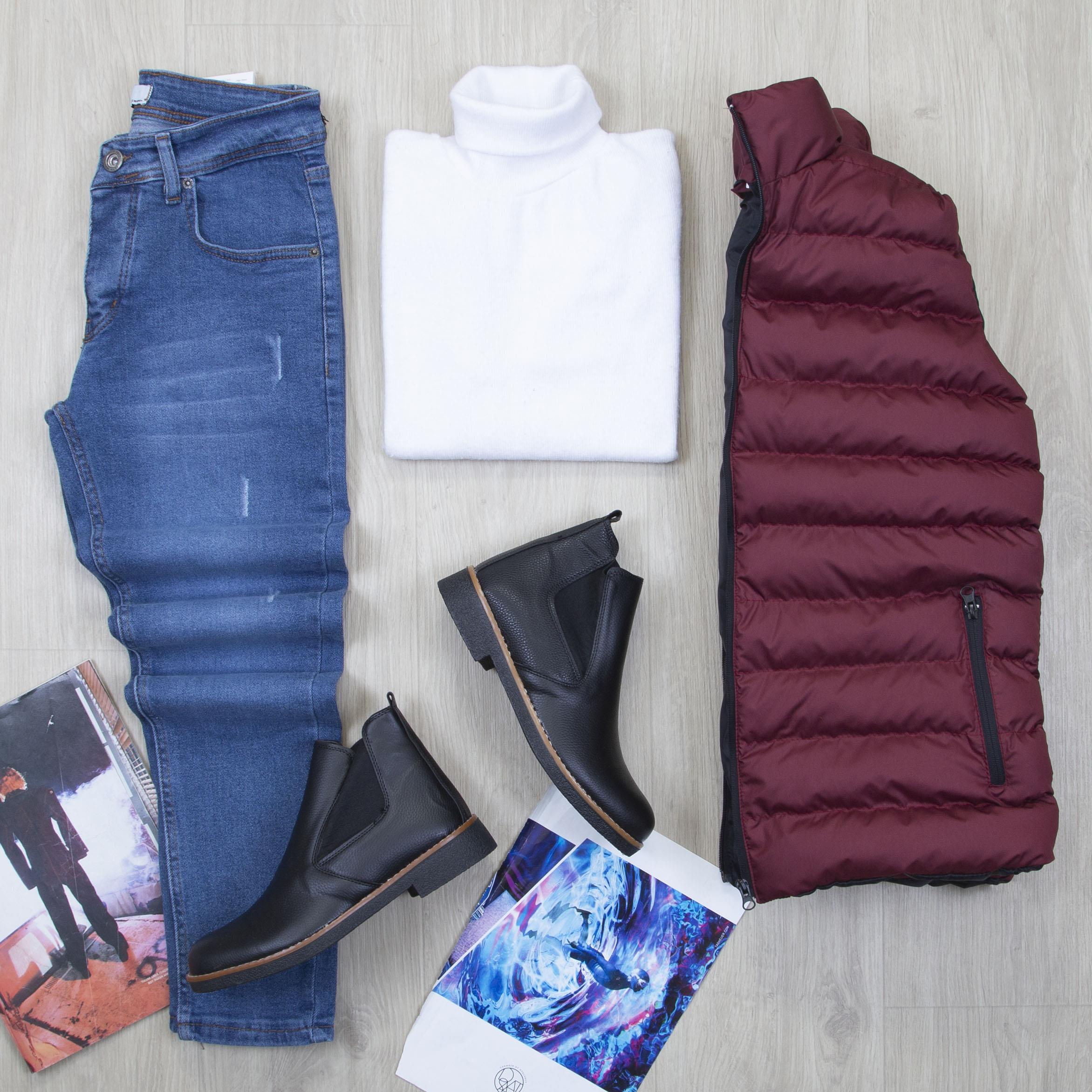 Çıkarılabilir Kapşonlu Bordo Şişme Yelek Boğazlı Body Pantolon Bot Kombin