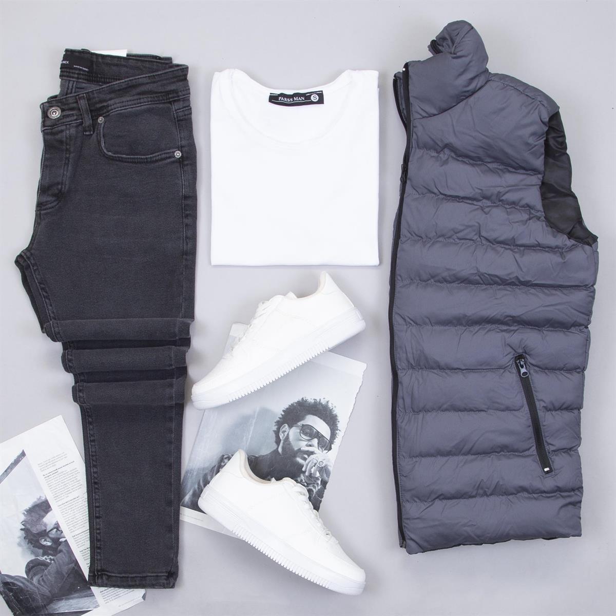 Çıkarılabilir Kapşonlu Füme Şişme Yelek Tişört Pantolon Ayakkabı Kombin